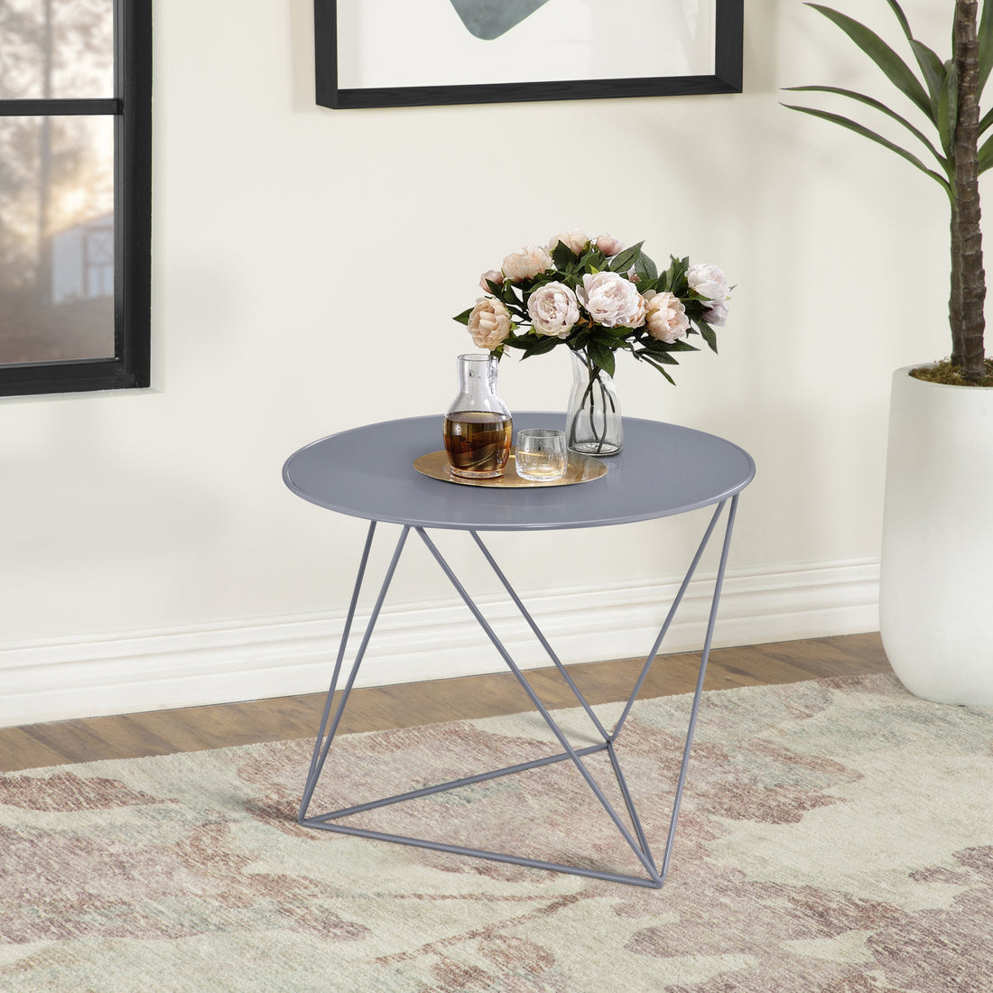 Grey Geometric Metal Base Accent Table Grey Primary Living Space Contemporary Round Metal