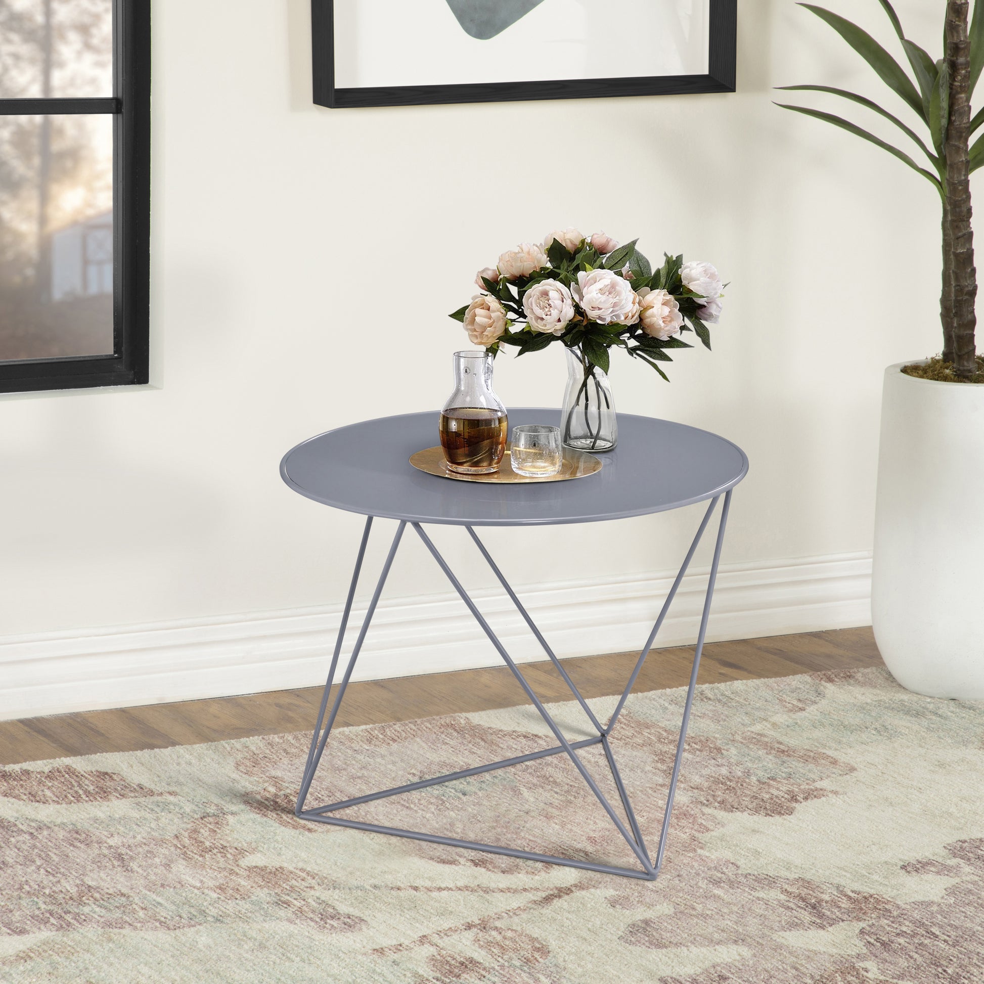 Grey Geometric Metal Base Accent Table Grey Primary Living Space Contemporary Round Metal