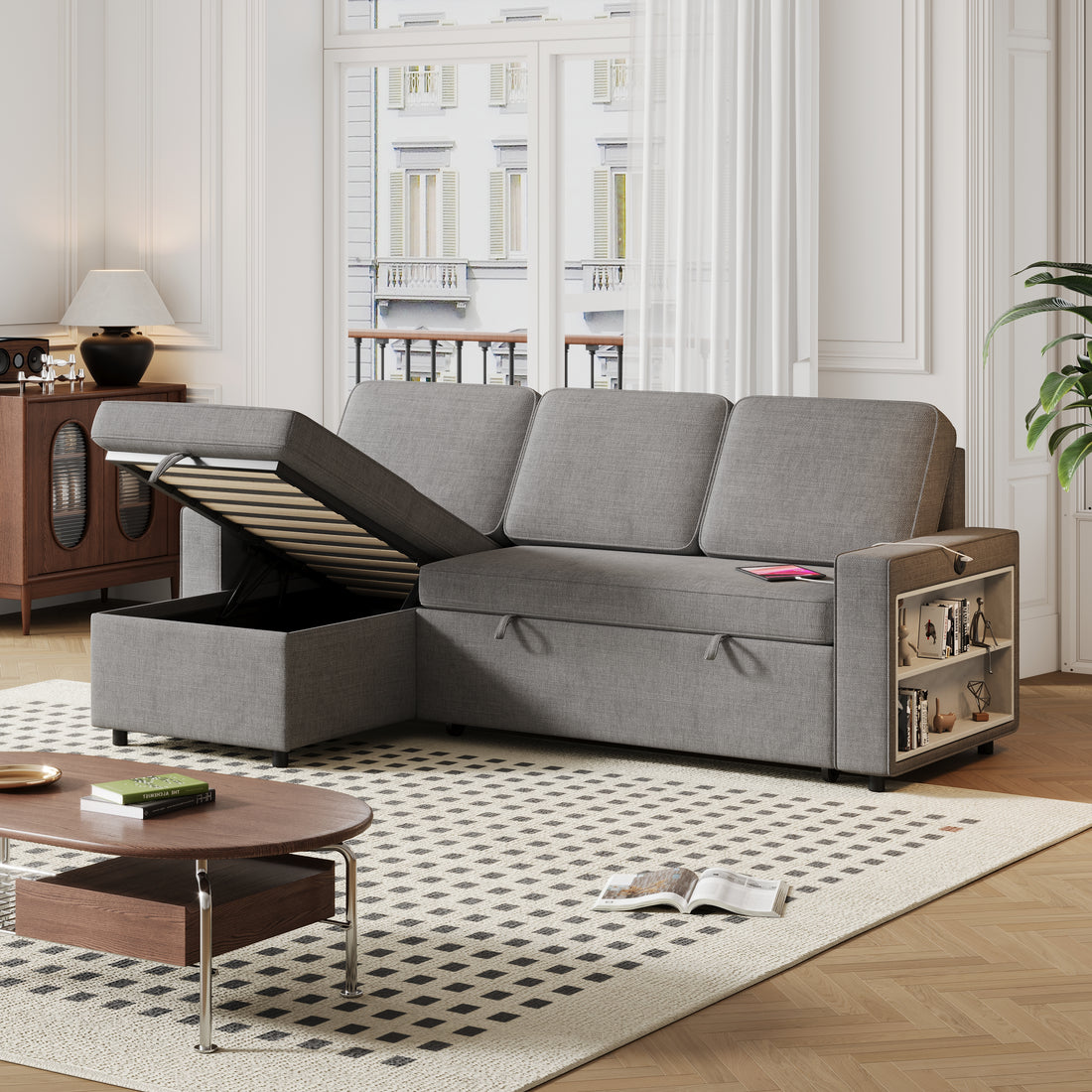 85.8" Pull Out Sleeper Sofa L Shaped Couch Convertible Sofa Bed With Storage Chaise And Storage Racks,With Usb Port And T Pyce Port Dark Grey Fabric 3 Seat