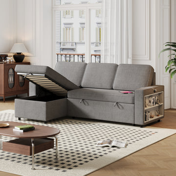 85.8" Pull Out Sleeper Sofa L Shaped Couch Convertible Sofa Bed With Storage Chaise And Storage Racks,With Usb Port And T Pyce Port Dark Grey Fabric 3 Seat