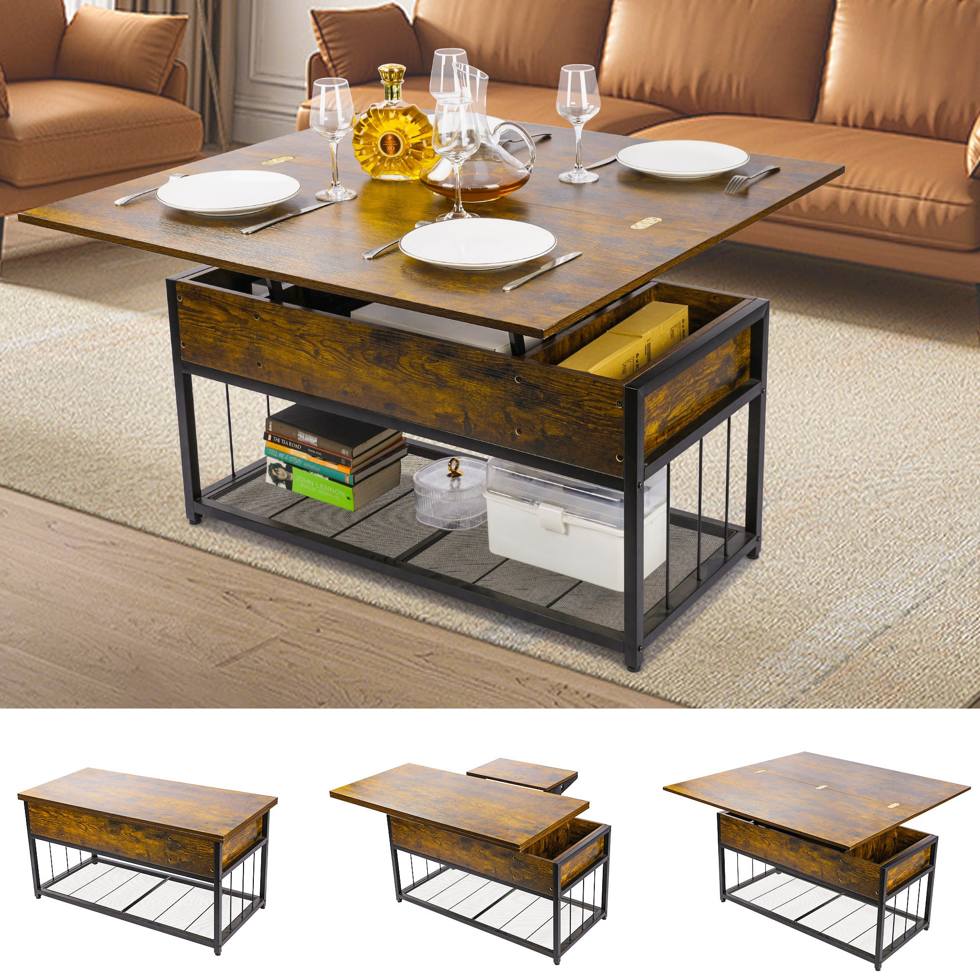 Lift Top Coffee Table With Storage Shelves And