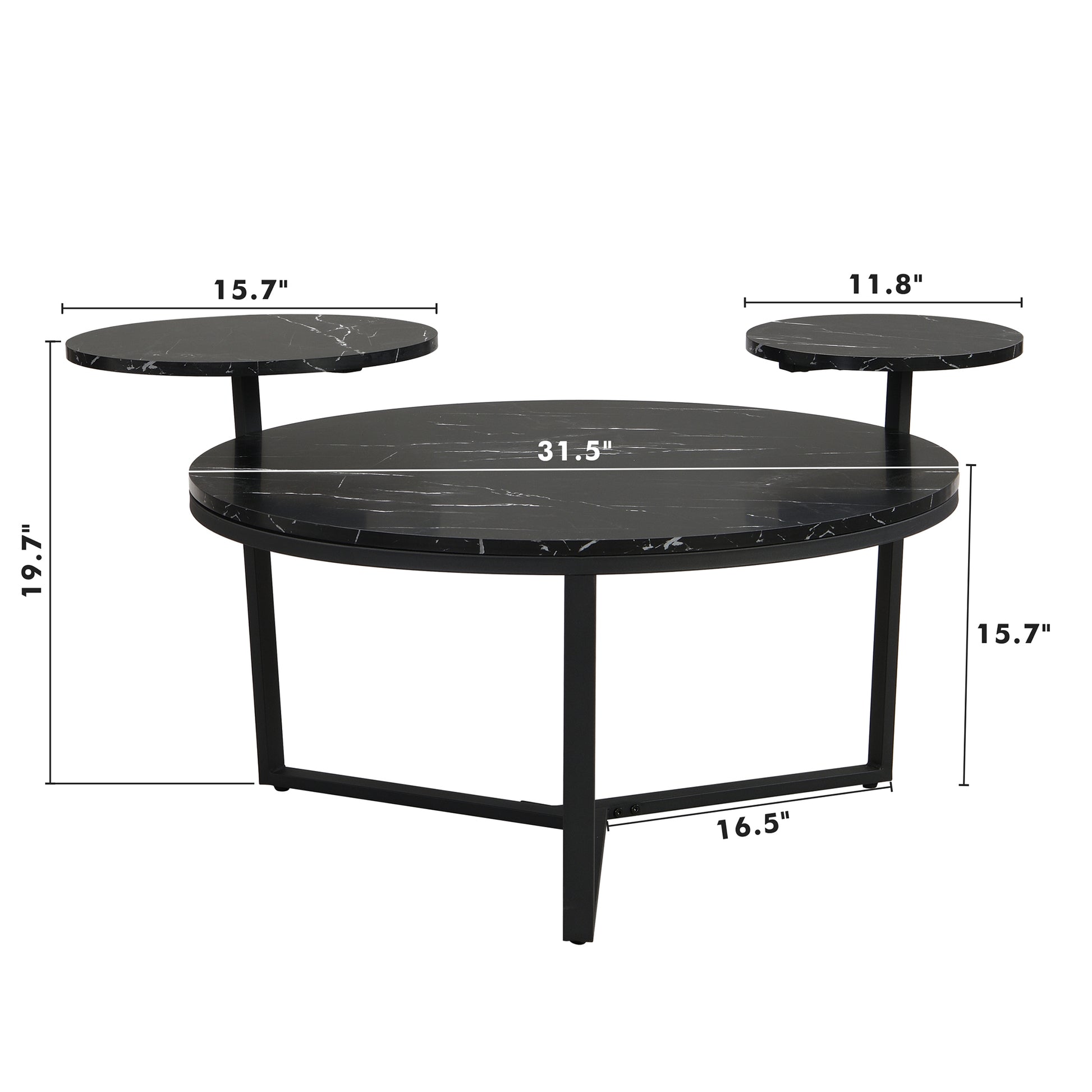 Modern Coffee Table With Two Display Shelves, Black Faux Marble Surfaces, Tripod Inspired Base,Rounded Tabletop Edges Matte Black Mdf