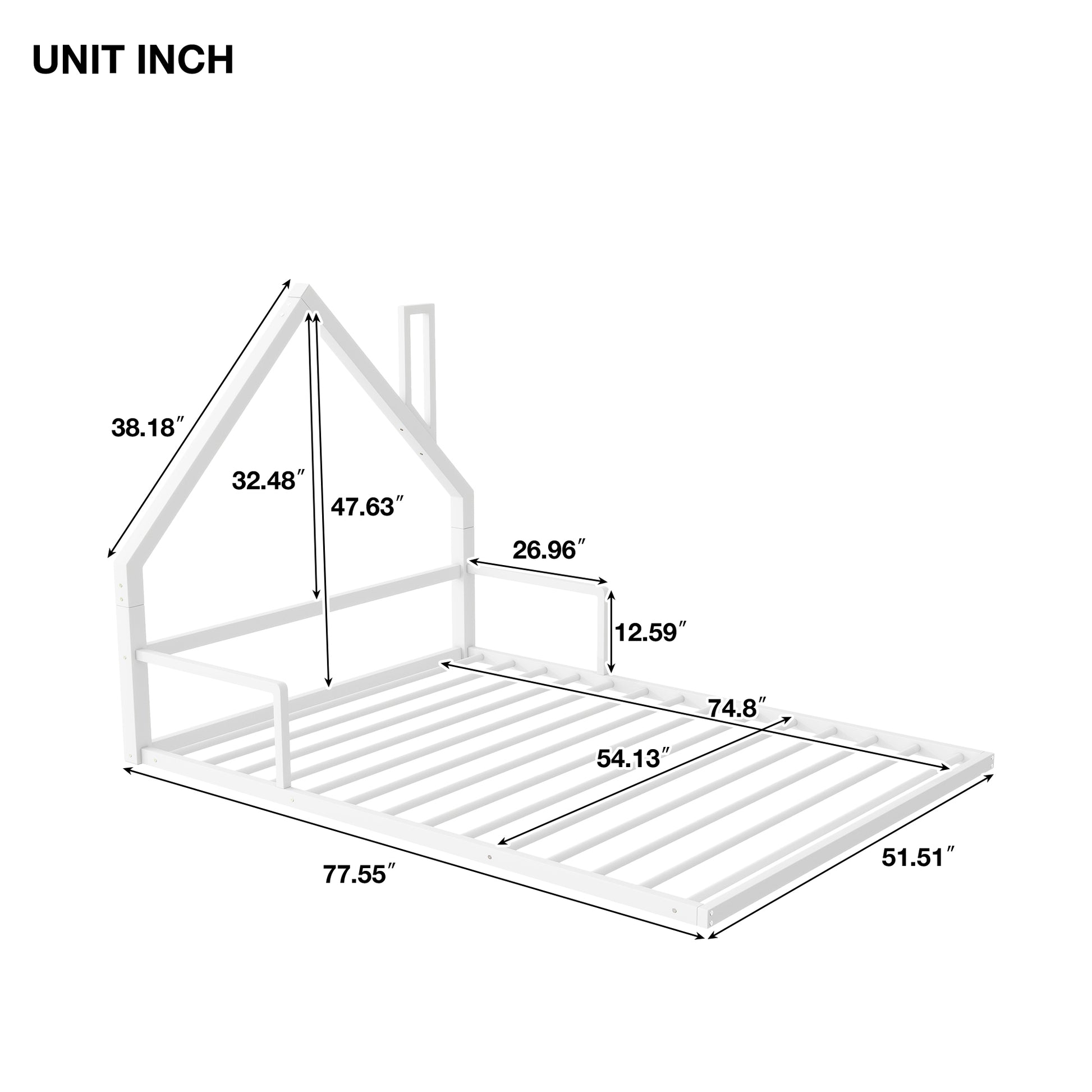 Full Size Metal Floor Bed With House Shaped Headboard, White Box Spring Not Required Full White Metal Bedroom Bed Frame Metal