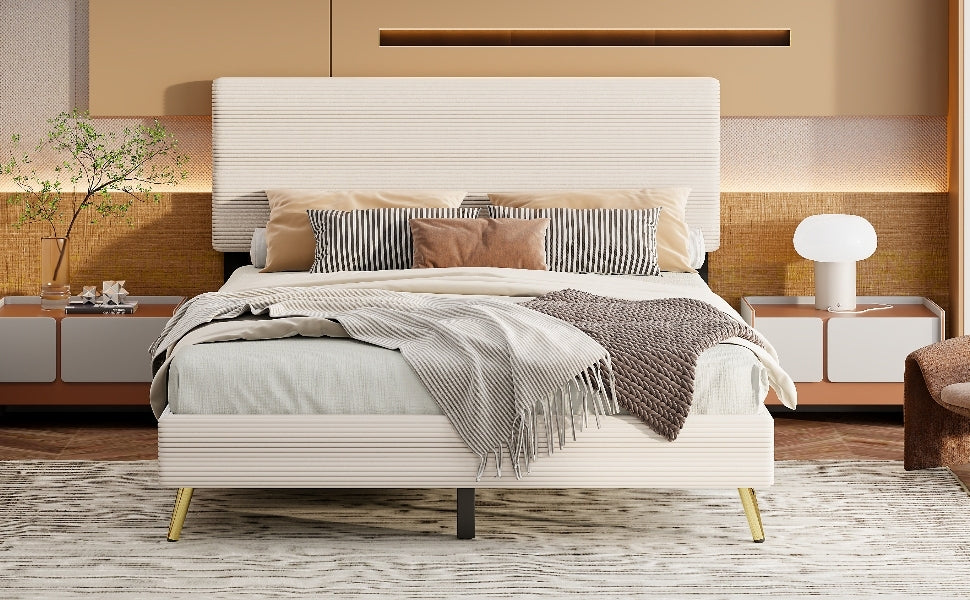 Queen Size Corduroy Upholstered Bed Frame, Platform Bed With Horizontal Stripe Headboard, No Box Spring Needed, Beige Queen Beige Bed Frame Solid Wood Mdf