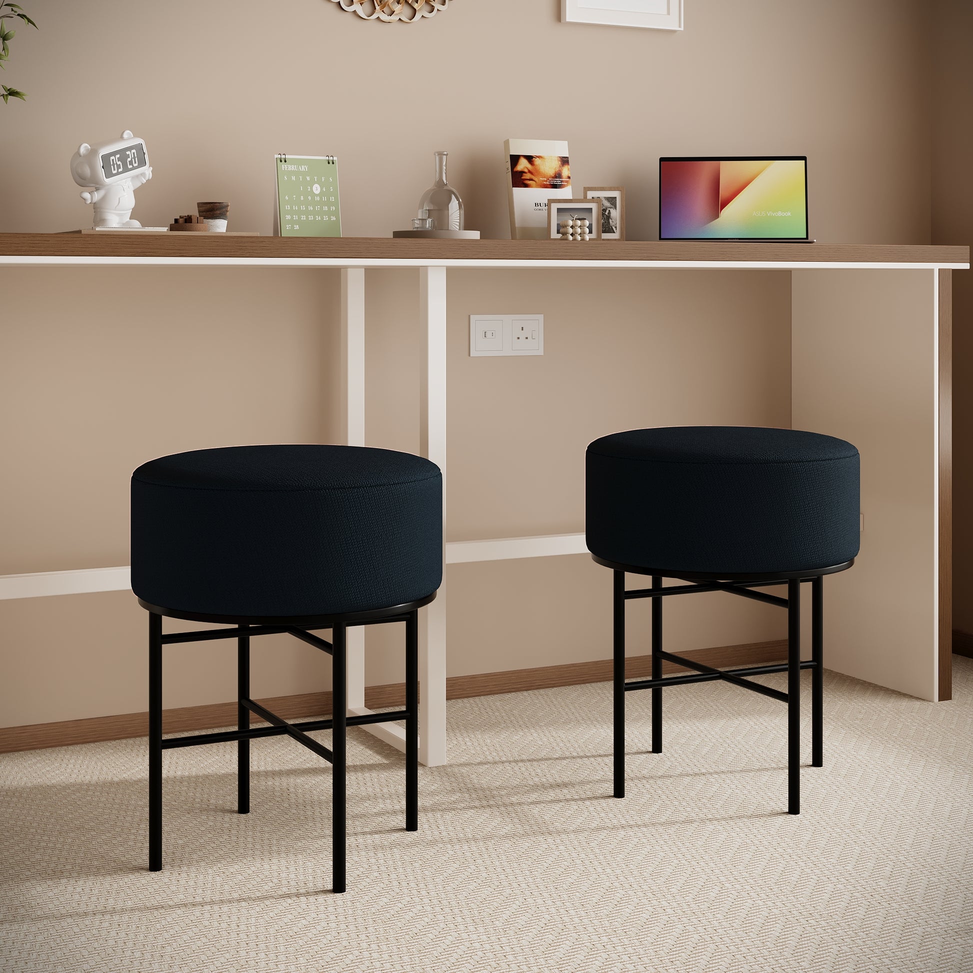 Pcs Round Cushioned Vanity Stool, Linen Upholstered Vanity Stool For