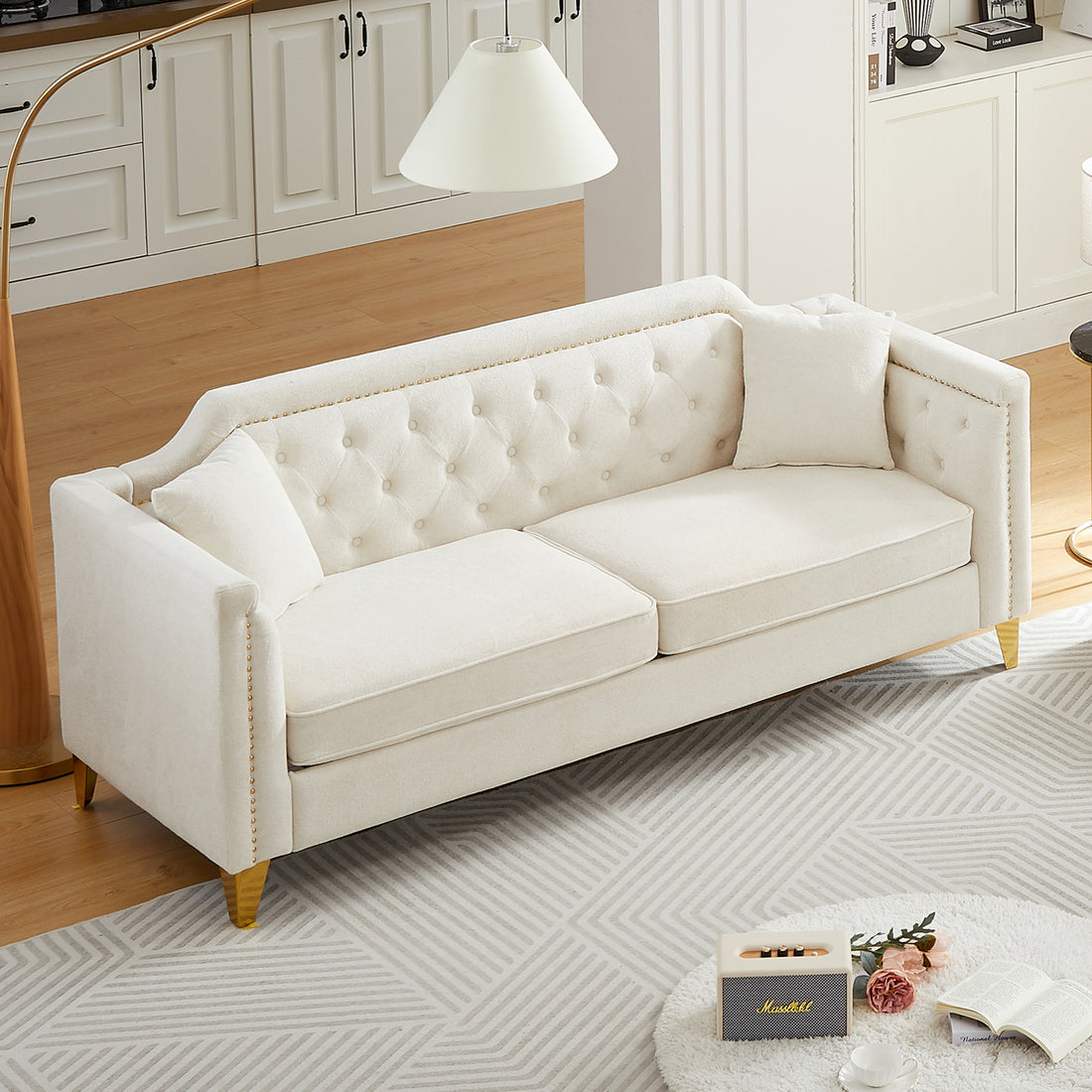 Fx 81"Mid Century Design Modern Sofa,Chenille Pull Buckle Design Sofa For Living Room,Buttons Tufted With Copper Nail Decoration Armrest, With 2 Pillows,Modern Couch Upholstered Button And Metal Leg Beige Chenille Pine Foam Fabric 3 Seat