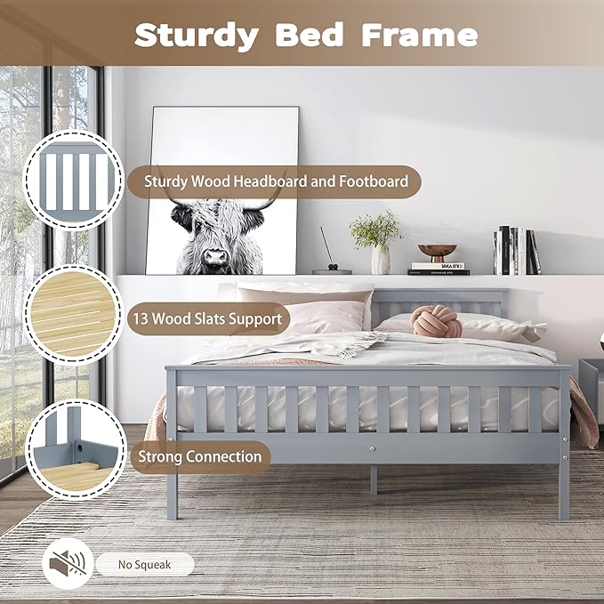 Queen Bed Frames With Headboard, Solid Wooden Platform Bed With Corner, Modern Low Profile Bed Frame, No Box Spring Needed, Grey Queen Grey Wood