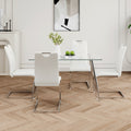 Modern Simple Rectangular Glass Dining Table, Solid Tempered Glass Tabletop, Electroplated Table Legs, White Pu Dining Chair Set, Suitable For Restaurant Kitchen Use Set Of 5 Upholstered Chair Glass White Pu Seats 4 Metal Rectangular Dining Table With