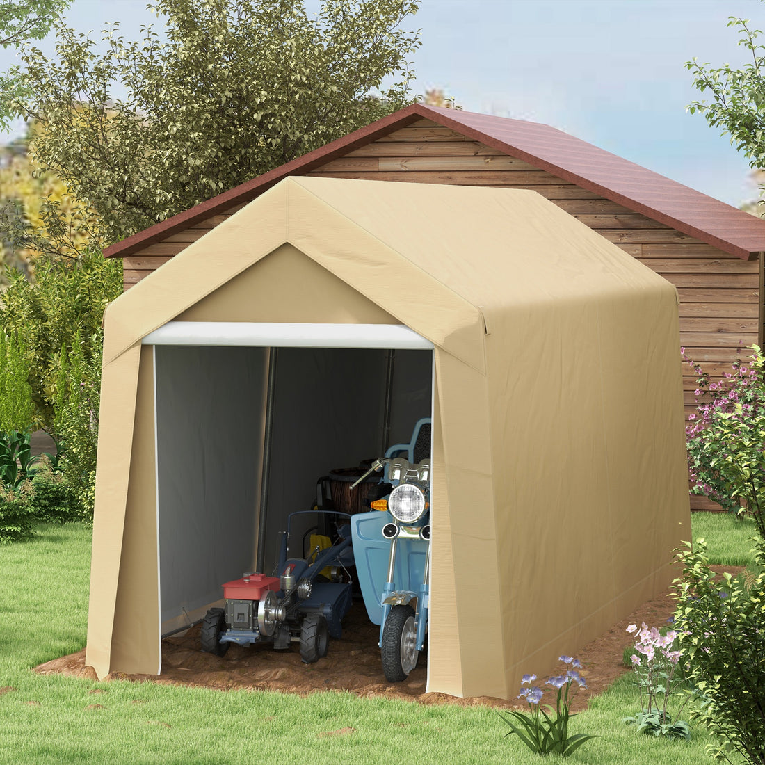 Outsunny 7' X 12' Garden Storage Tent, Heavy Duty Outdoor Shed, Waterproof Portable Shed Storage Shelter With Ventilation Window And Large Door For Bike, Motorcycle, Garden Tools, Beige Beige Steel