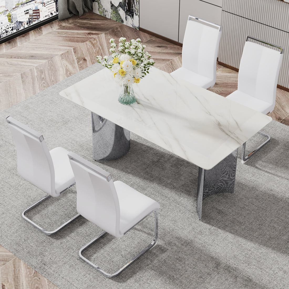 Modern Minimalist Dining Table. Imitation Marble Glass Sticker Desktop, Stainless Steel Legs, Stable And Beautiful. 4 White Pu Seats. 63 "* 35.4" * 29.5 "Dt 69 C 1162 Silver Glass