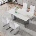 Modern Minimalist Dining Table. Imitation Marble Glass Sticker Desktop, Stainless Steel Legs, Stable And Beautiful. 4 White Pu Seats. 63 