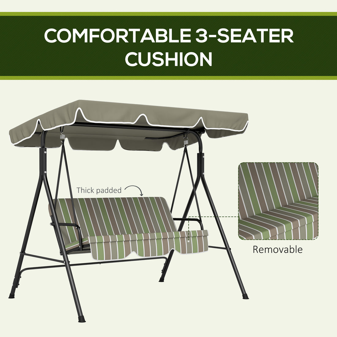 Outsunny 3 Seat Outdoor Patio Swing Chair With Removable Cushion, Steel Frame Stand And Adjustable Tilt Canopy For Patio, Garden, Poolside, Balcony, Backyard, Beige & Green Multicolor Steel