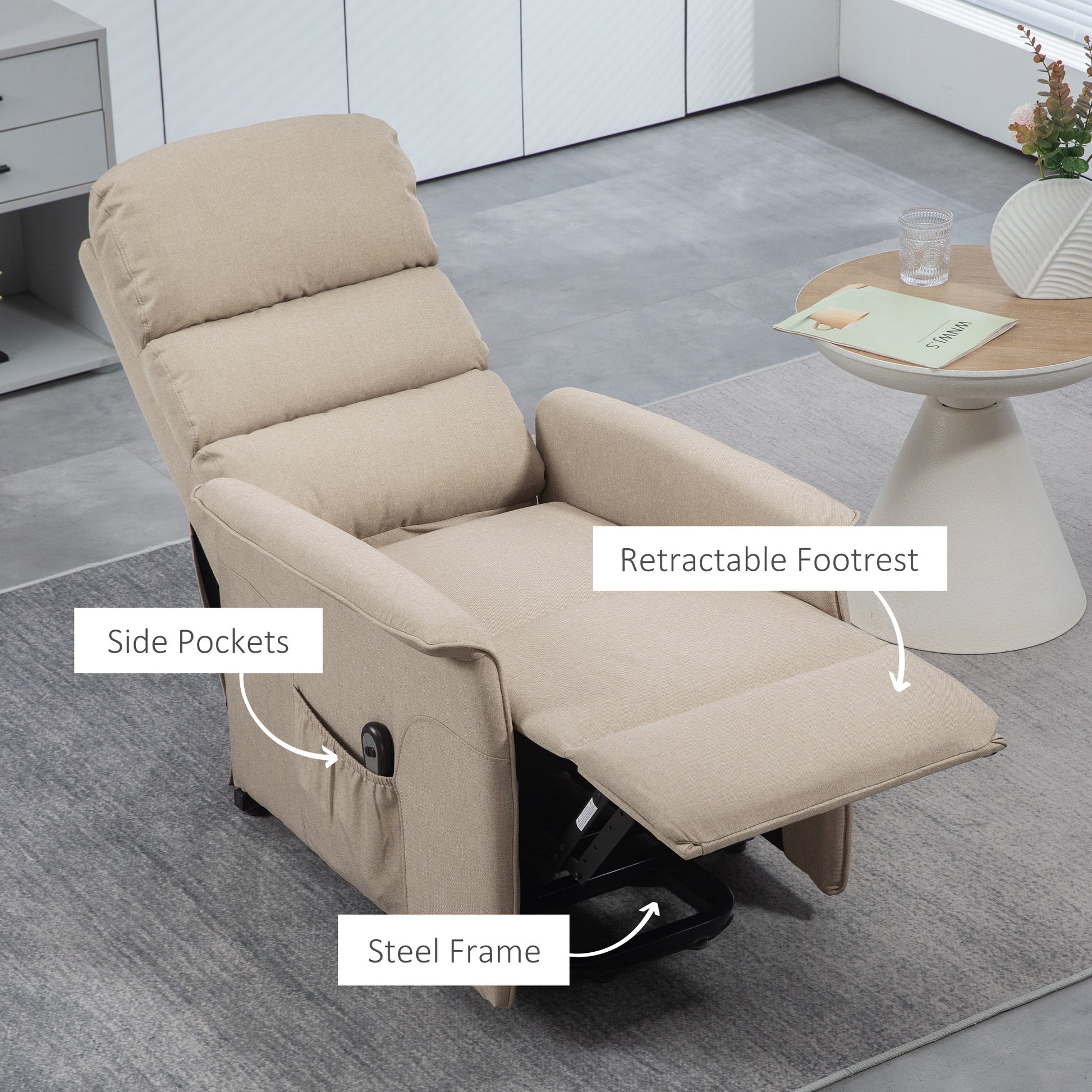 Homcom Power Lift Recliner Chair For Elderly, Easy Assembly, Fabric Lift Chair With Remote Control, Side Pockets For Living Room, Beige Beige Polyester