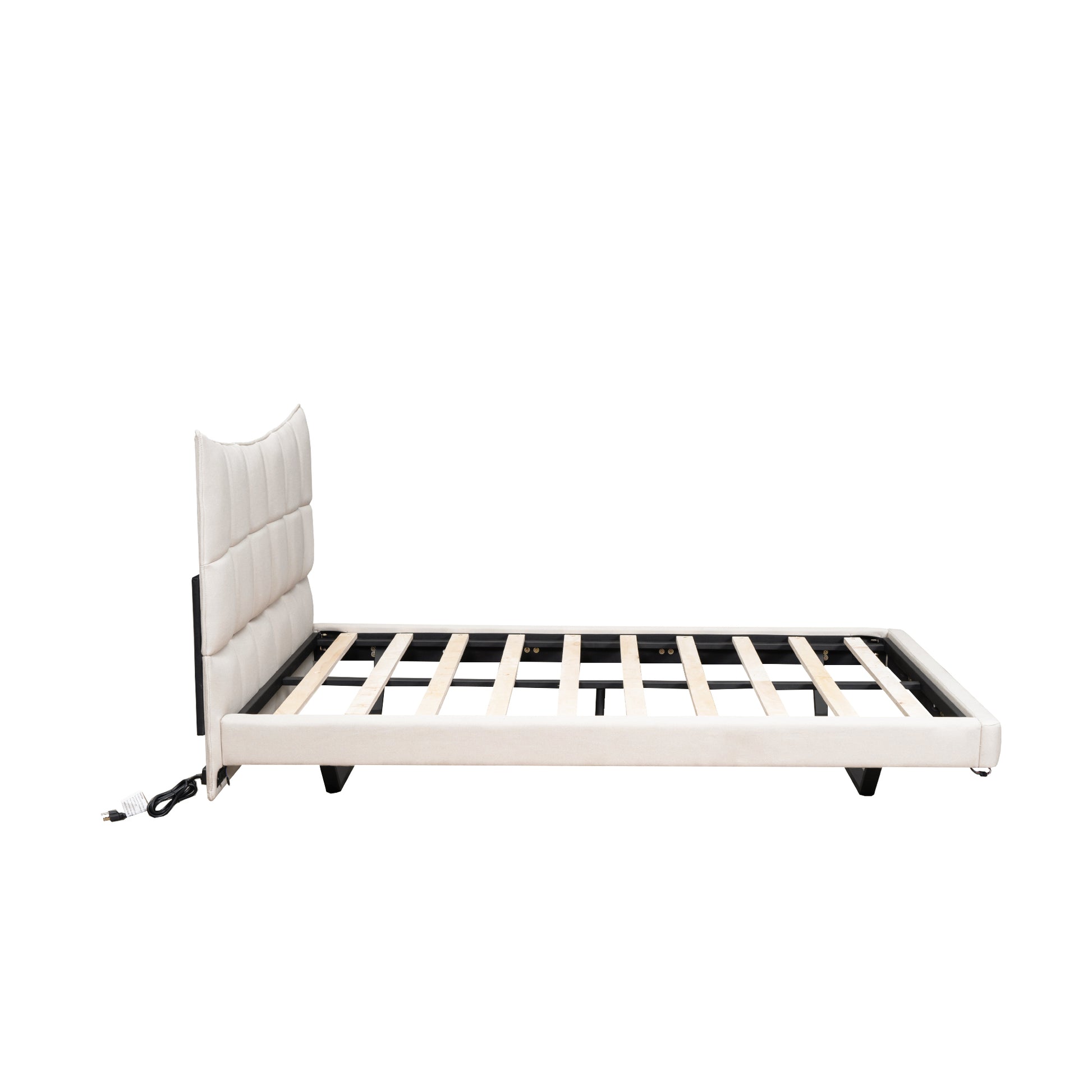 Full Size Upholstered Platform Bed With Led Lights,Usb Ports And Outlets,Linen Fabric,Beige Full Beige Wood Metal