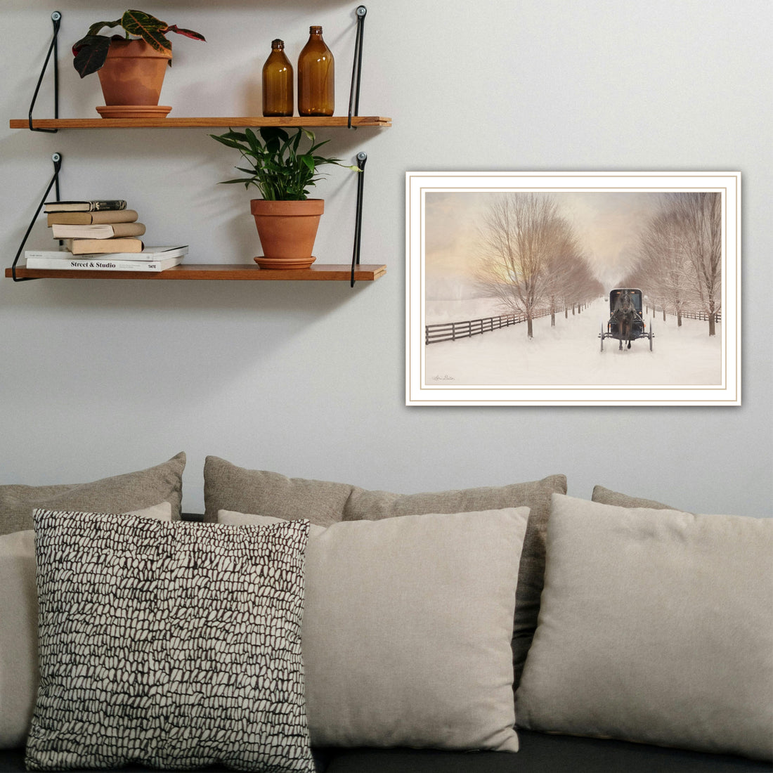 Snowy Amish Lane White Framed Wall Art For Living Room, Bedroom Wall Art Print For Home Decor By Lori Deiter Multi Wood Paper