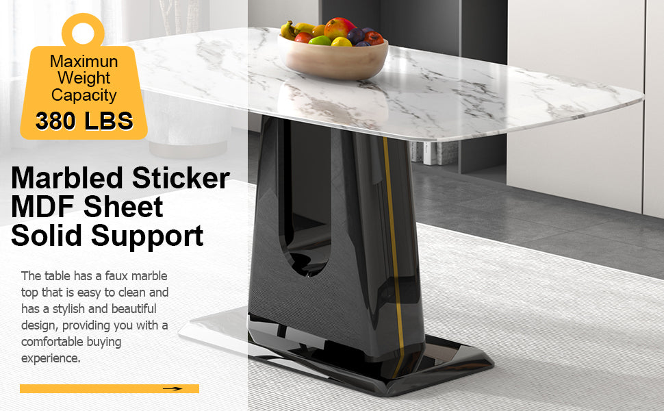 Table And Chair Set, Modern And Minimalist Dining Table, Imitation Marble Patterned Tabletop, Mdf Legs With U Shaped Brackets. Paired With Comfortable Chairs, Suitable For Dining And Living Rooms. Black Gold Mdf Glass