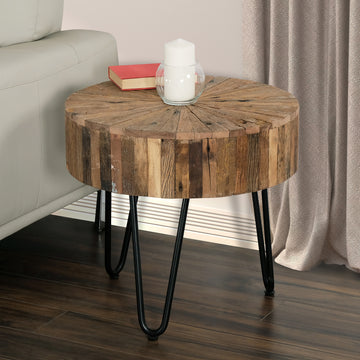 Contemporary 22 In. Round Reclaimed Wood Accent End Table, Iron Hairpin Legs, Living Room Side Table, Brown And Black Black Brown Brown Primary Living Space Contemporary,Industrial Freestanding Round Wood Metal