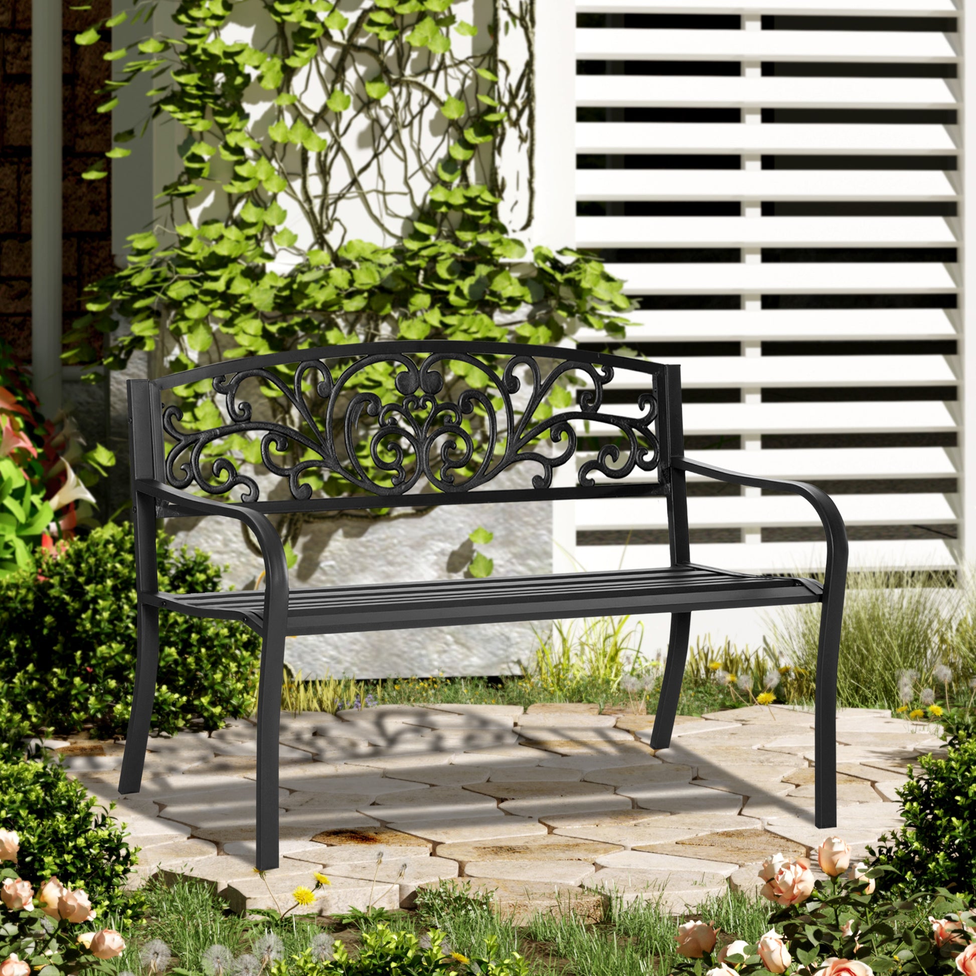 Outsunny 50" Outdoor Bench, Metal Garden Bench With Floral Pattern Backrest, Porch Bench With Slatted Seat For Park, Yard, Lawn, Black Black Iron