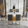 Table And Chair Set, The Table Is Equipped With A Marble Patterned Mdf Tabletop And Gold Table Legs.The Chair Is Equipped With Pu Synthetic Leather High Back Cushion And Gold Coated Metal Legs. Grey Gold Seats 6 Mdf Metal
