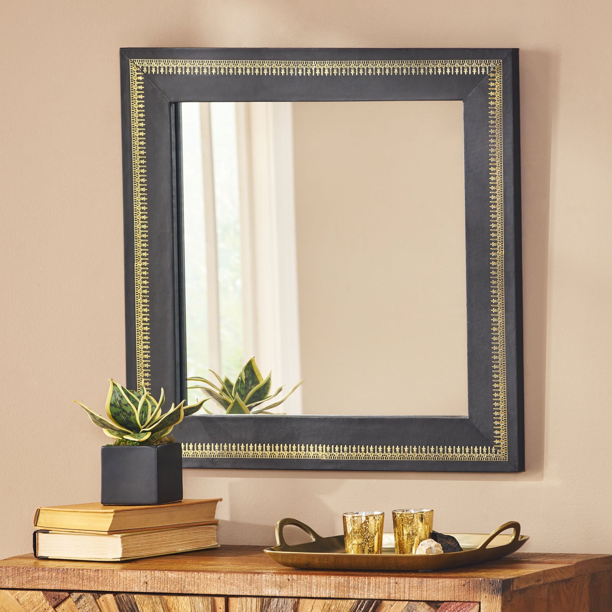 Wall Black Mirror With Golden Embossing Tc Goat Leather Black Gold Mdf