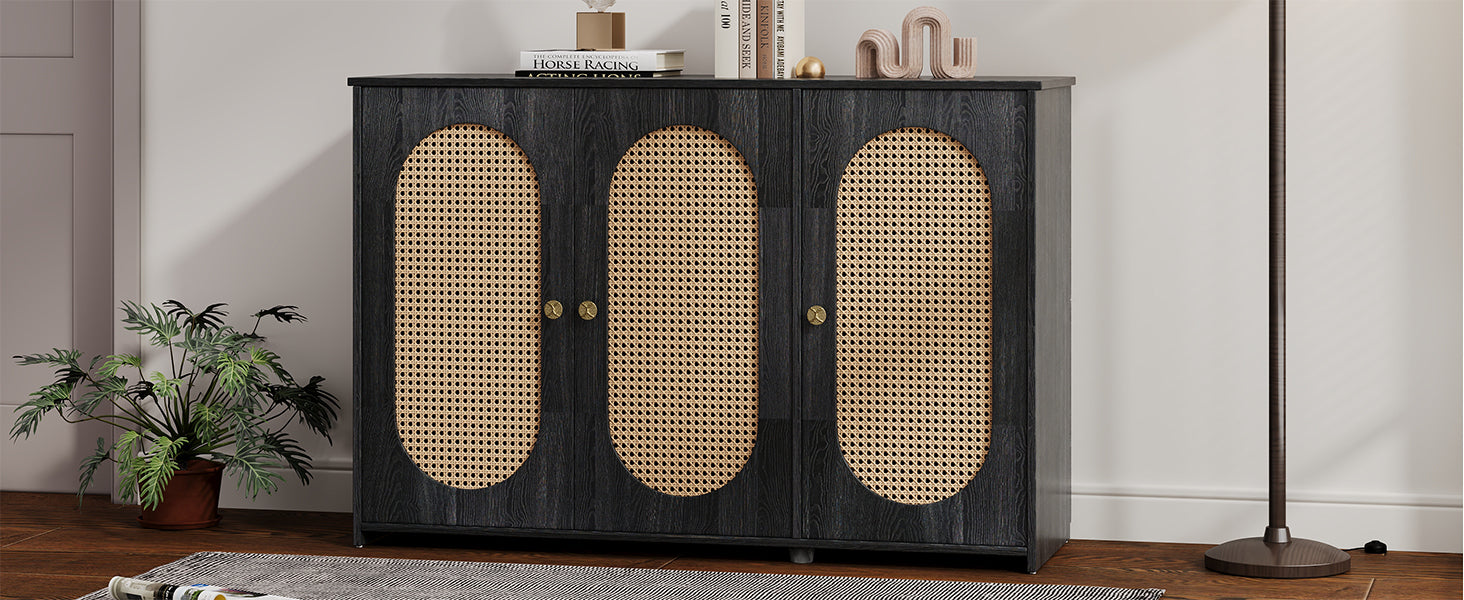 Retro 3 Door Sideboard With Large Storage Space Artificial Rattan Doors And Metal Handles, Accent Cabinet For Living Room And Hallway Antique Black Antique Black Particle Board Mdf