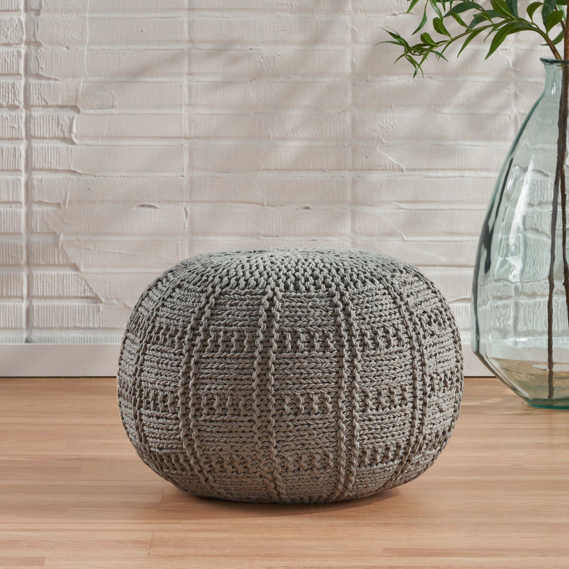 Yuny Knitted Cotton 20 X 20 Round Pouf Grey Cotton