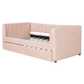 Twin Size Upholstered Velvet Daybed With Trundle, Pink Box Spring Not Required Twin Pink Wood Bedroom Bed Frame Velvet Upholstered