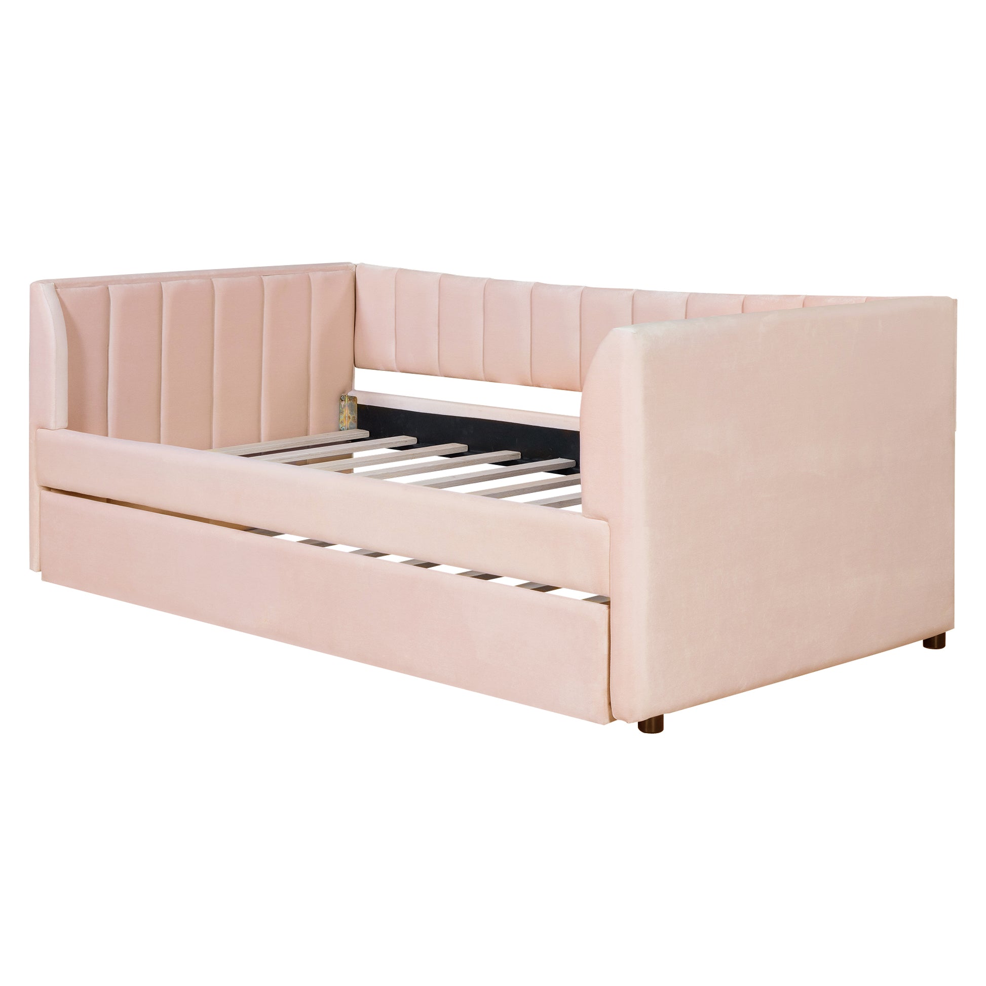 Twin Size Upholstered Velvet Daybed With Trundle, Pink Box Spring Not Required Twin Pink Wood Bedroom Bed Frame Velvet Upholstered