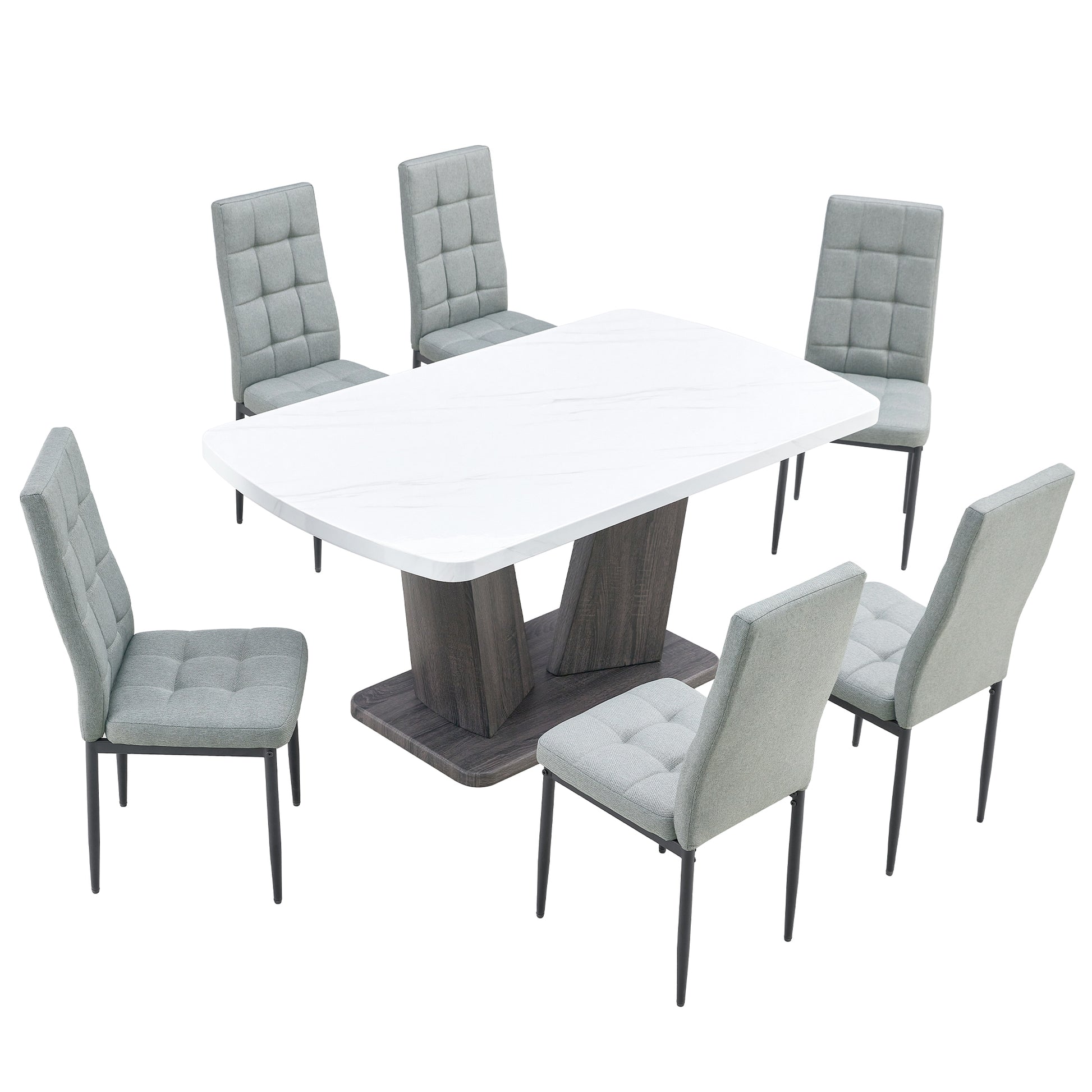 Modern Dining Table Set For 6, 7 Piece Dining Set, 63" Rectangle Kitchen Table With 6 Upholstered Chairs, 1.8" Thickness Tabletop And V Shaped Table Legs, White Faux Marble Dining Set For Kitchen Room Metal White Gray Dining Room Modern Rectangular Mdf