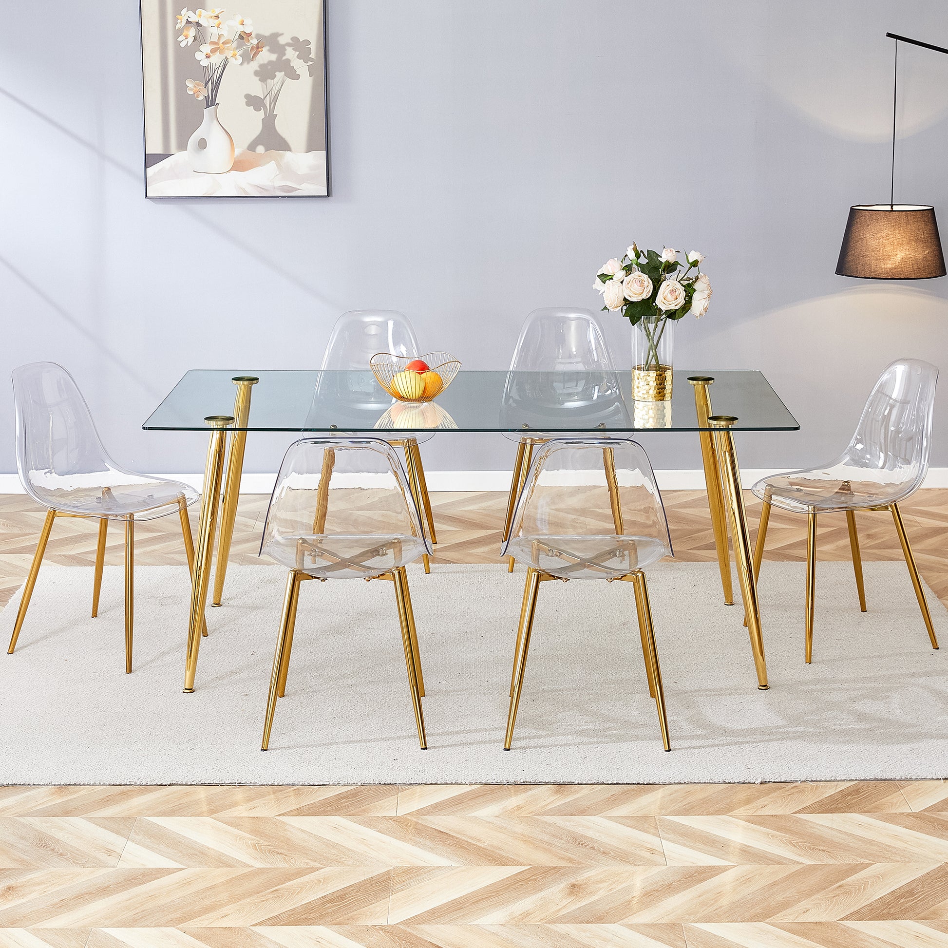Table And Chair Set.Modern Rectangular Glass Dining Table With Tempered Glass Countertop And Golden Metal Legs, Paired With Multiple Transparent High Quality Pet Dining Chairs With Golden Legs. Gold Seats 6 Tempered Glass