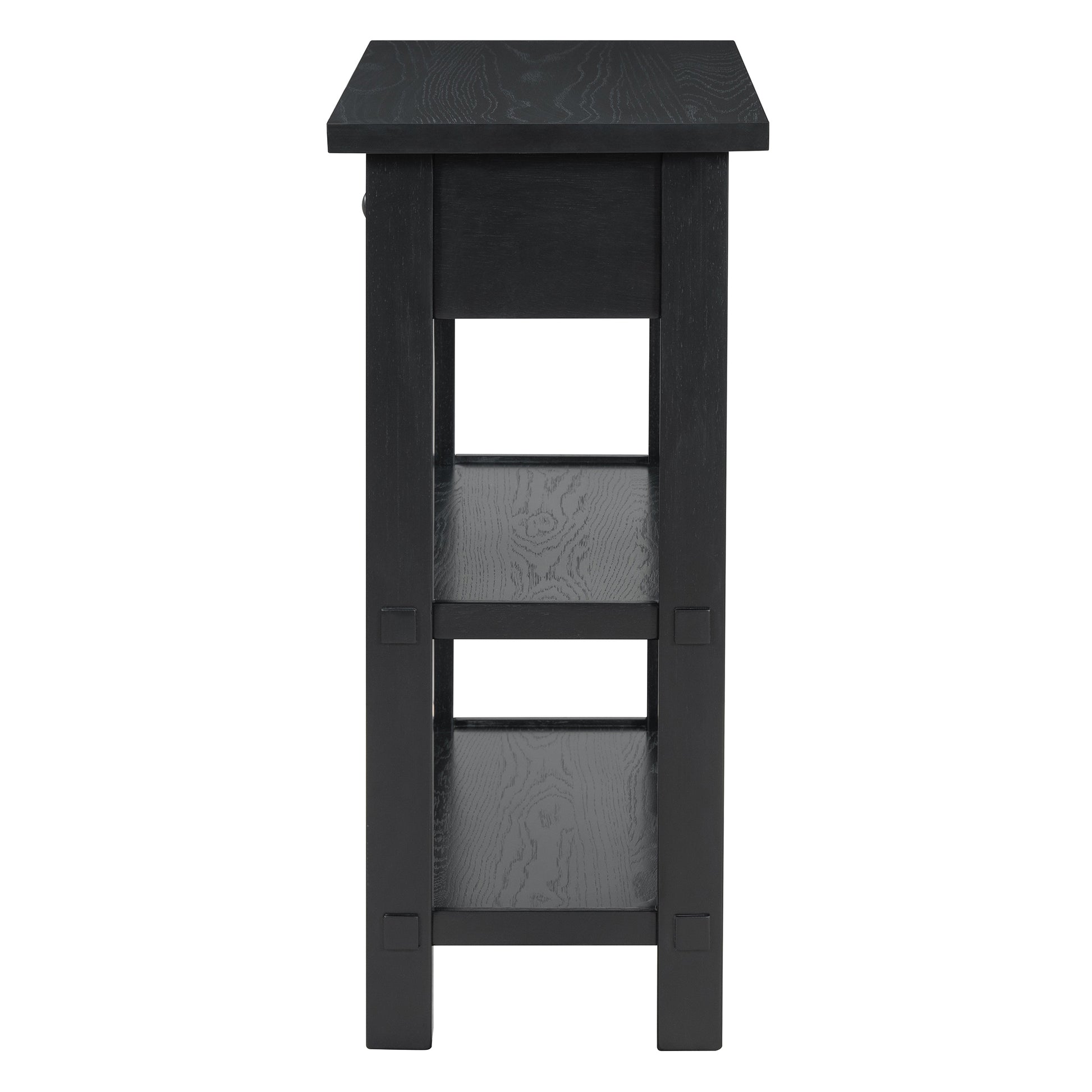 Retro Console Table With Drawer And Two Sturdy Shelves For Entryway, Living Room Black Black Mdf,Rubber Wood