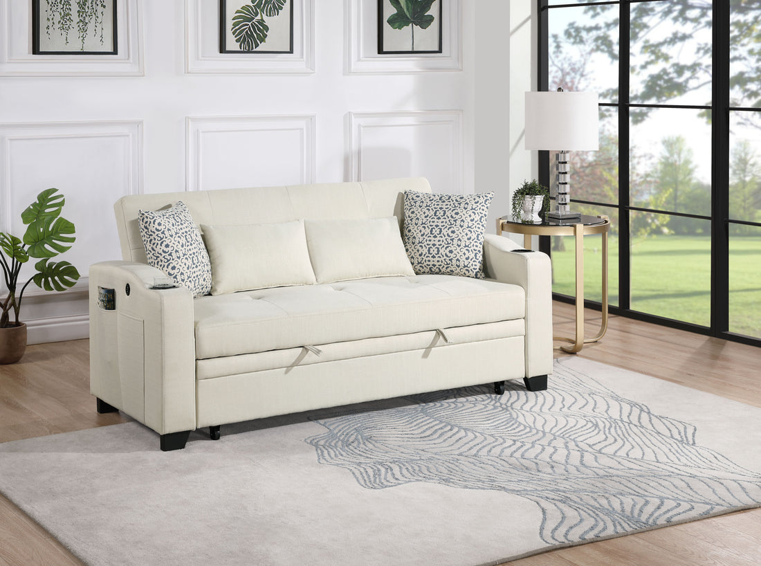 Bennett 71"W Beige Fabric Convertible Sleeper Loveseat With Usb Charger And Cupholders Beige Fabric