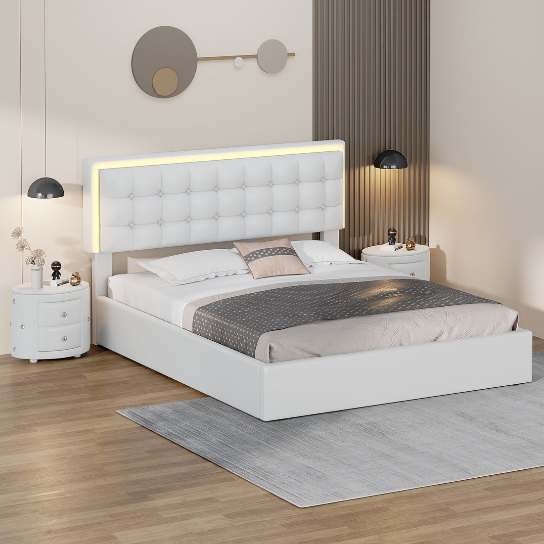 3 Pieces Bedroom Sets,Queen Size Upholstered Bed With Led Lights,Hydraulic Storage System, Two Nightstands With Crystal Decoration,White Queen White 3 Piece Set Wood