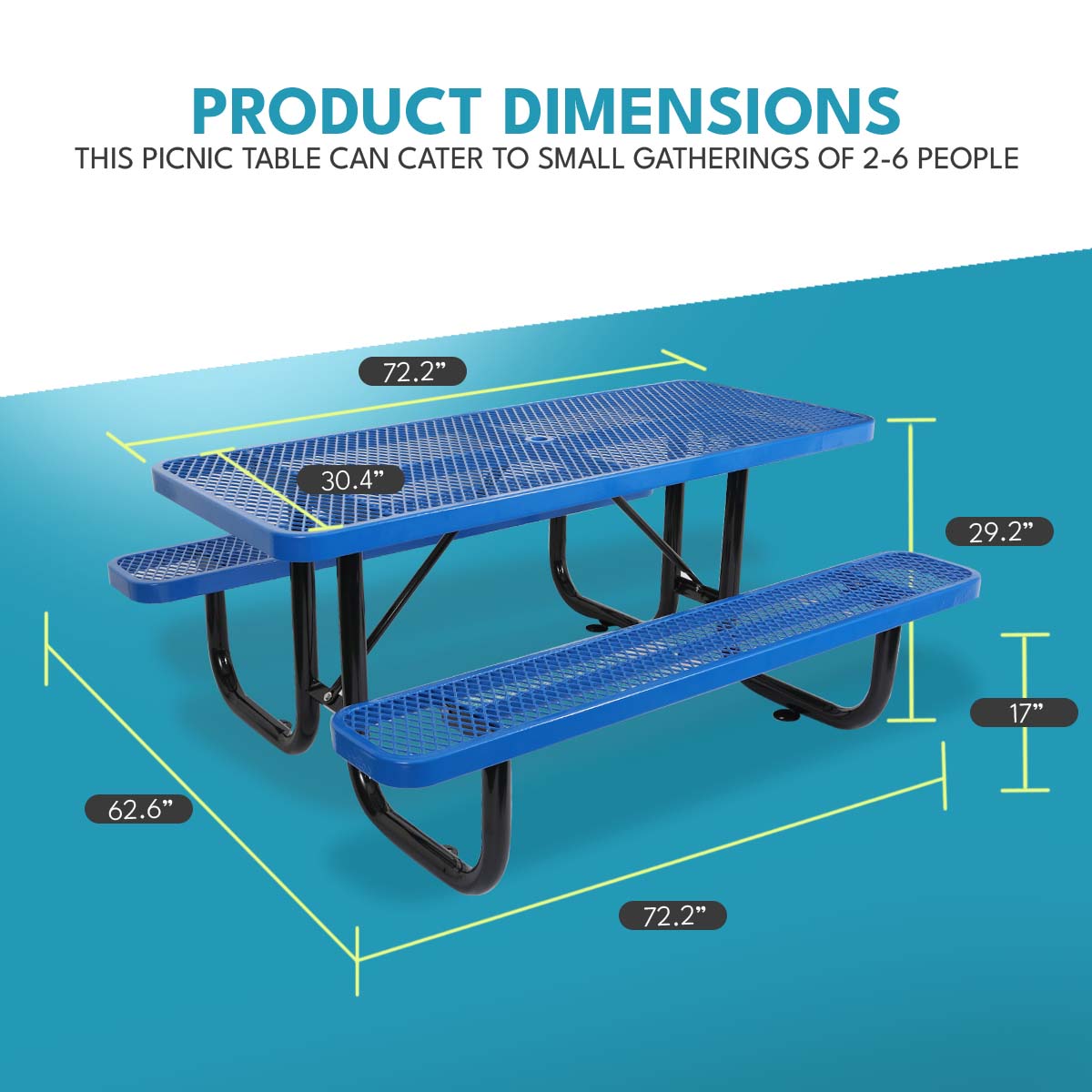 6 Ft. Rectangular Outdoor Steel Picnic Table With Umbrella Pole In Blue Blue Carbon Steel