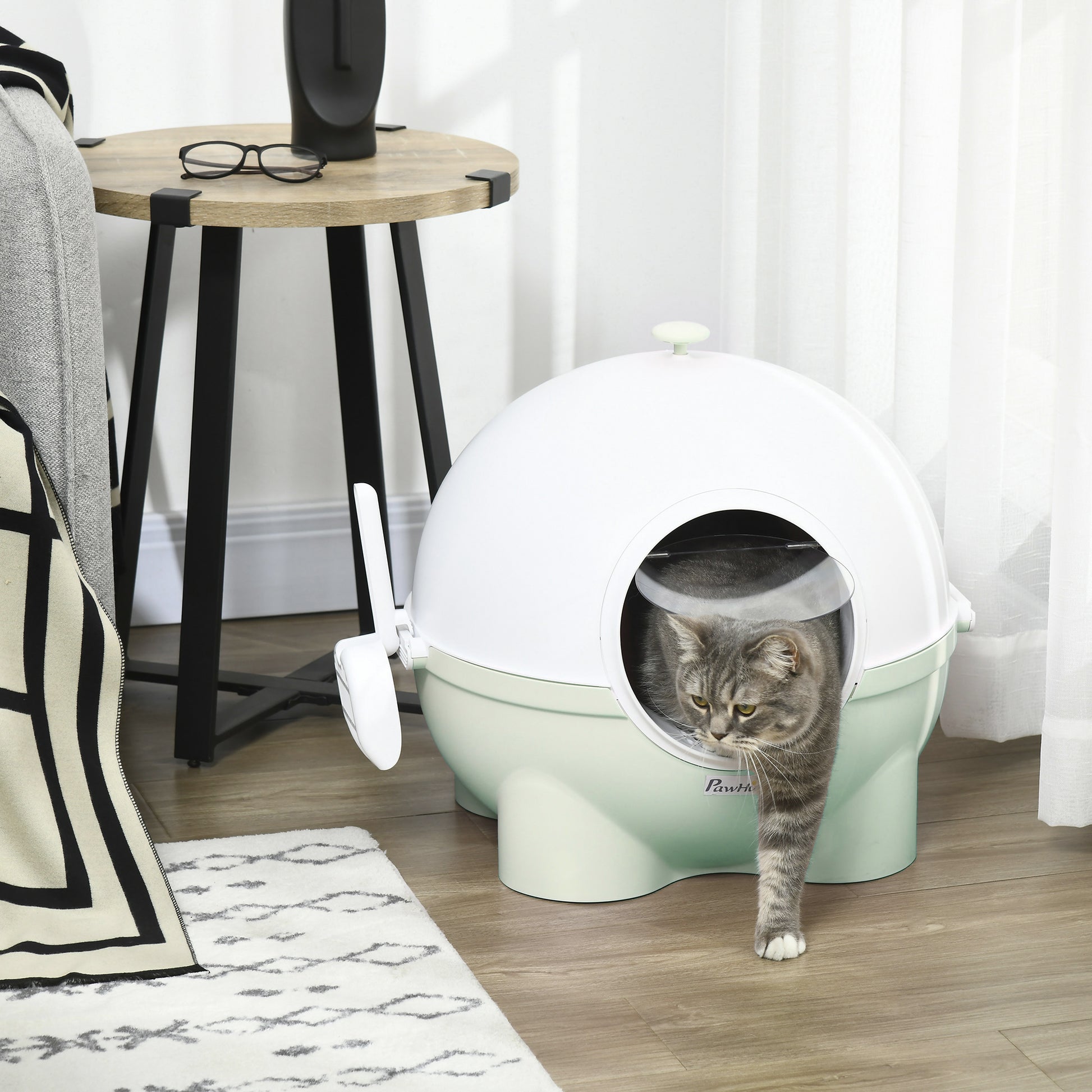 Pawhut Hooded Cat Litter Box, Large Kitty Litter Pan With Lid, Scoop, Leaking Sand Pedal, Top Handle, Light Green Green Plastic