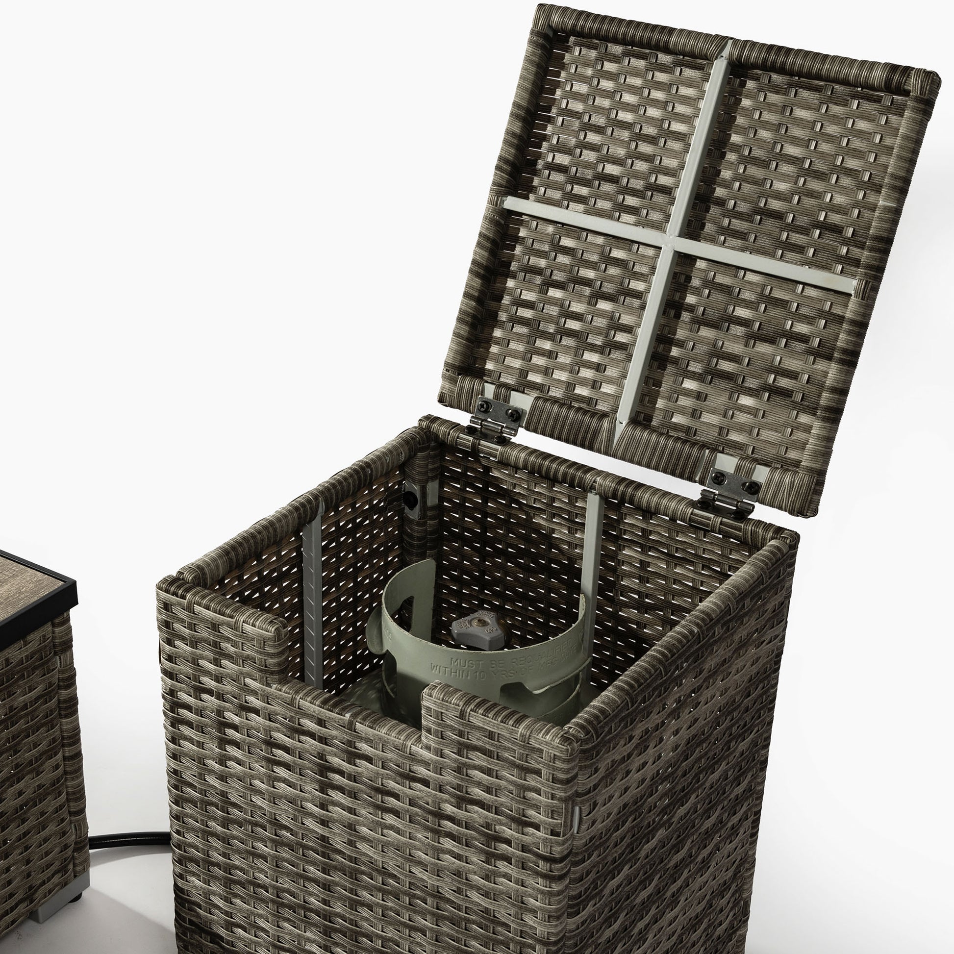 Beige Rattan Fire Pit Table With Tank Holder And Ceramic Tile Tabletop Beige Ceramic Tile Iron,Rattan Metal