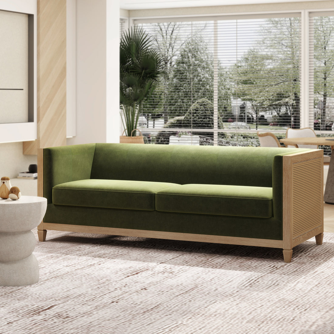 Georgia 81" Cane Rattan Tuxedo Sofa, Olive Green Performance Velvet Olive Green Foam Wood Fabric Rattan 2 Seat
