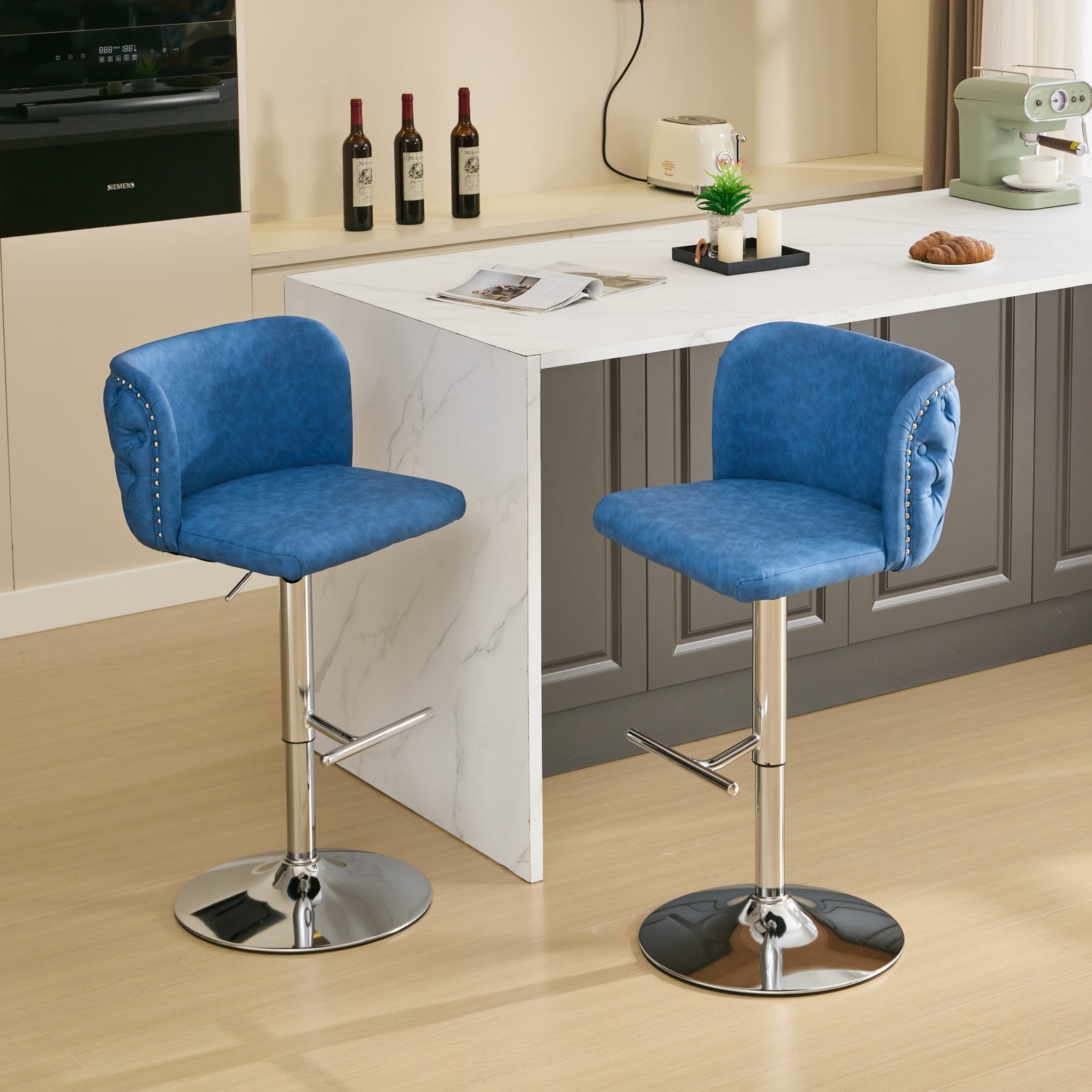 Swivel Barstools Adjusatble Seat Height With Chrome Base, Modern Pu Upholstered Bar Stools With The Whole Back Tufted, For Home Pub And Kitchen Island,Blue, Set Of 2 Blue American Design Bar Stools Set Of 2 Foam Pu Leather