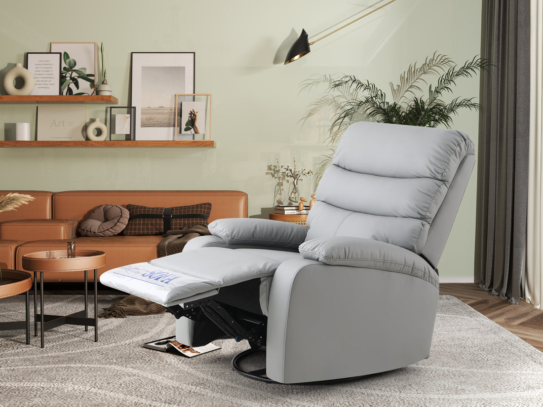 Rocking Recliner Chair,360 Degree Swivel Nursery Rocking Chair,Glider Chair,Modern Small Rocking Swivel Recliner Chair For Bedroom,Living Room Chair Home Theater Seat Gray Light Gray Faux Leather Manual Handle Primary Living Space Soft Loose Back Extra