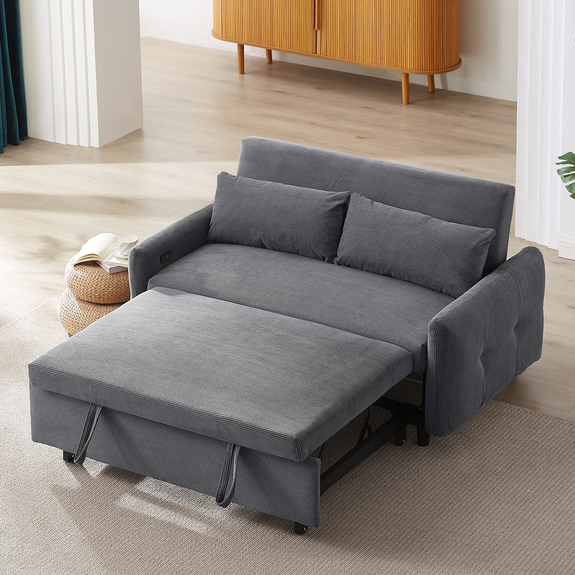 57.48" Pull Out Sofa Bed Convertible Couch 2 Seat Loveseat Sofa Modern Sleeper Sofa With Two Throw Pillows And Usb Ports For Living Room, Dark Grey Old Sku:Wf317760Aar Dark Grey Foam Corduroy 2 Seat