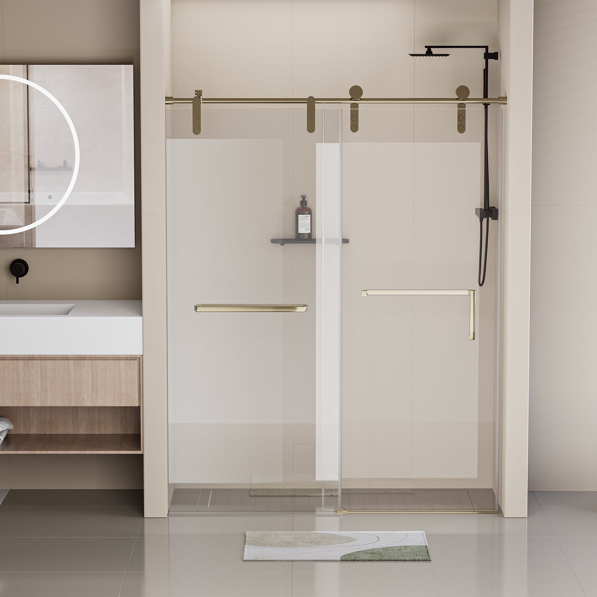 56 60 In. W X 76 In. H Frameless Shower Door, Single Sliding Shower Door, 5 16" 8Mm Clear Tempered Glass Shower Door With Explosion Proof Film, Stainless Steel Hardware, Gold 24D210 60G Combo Gold Tempered Glass