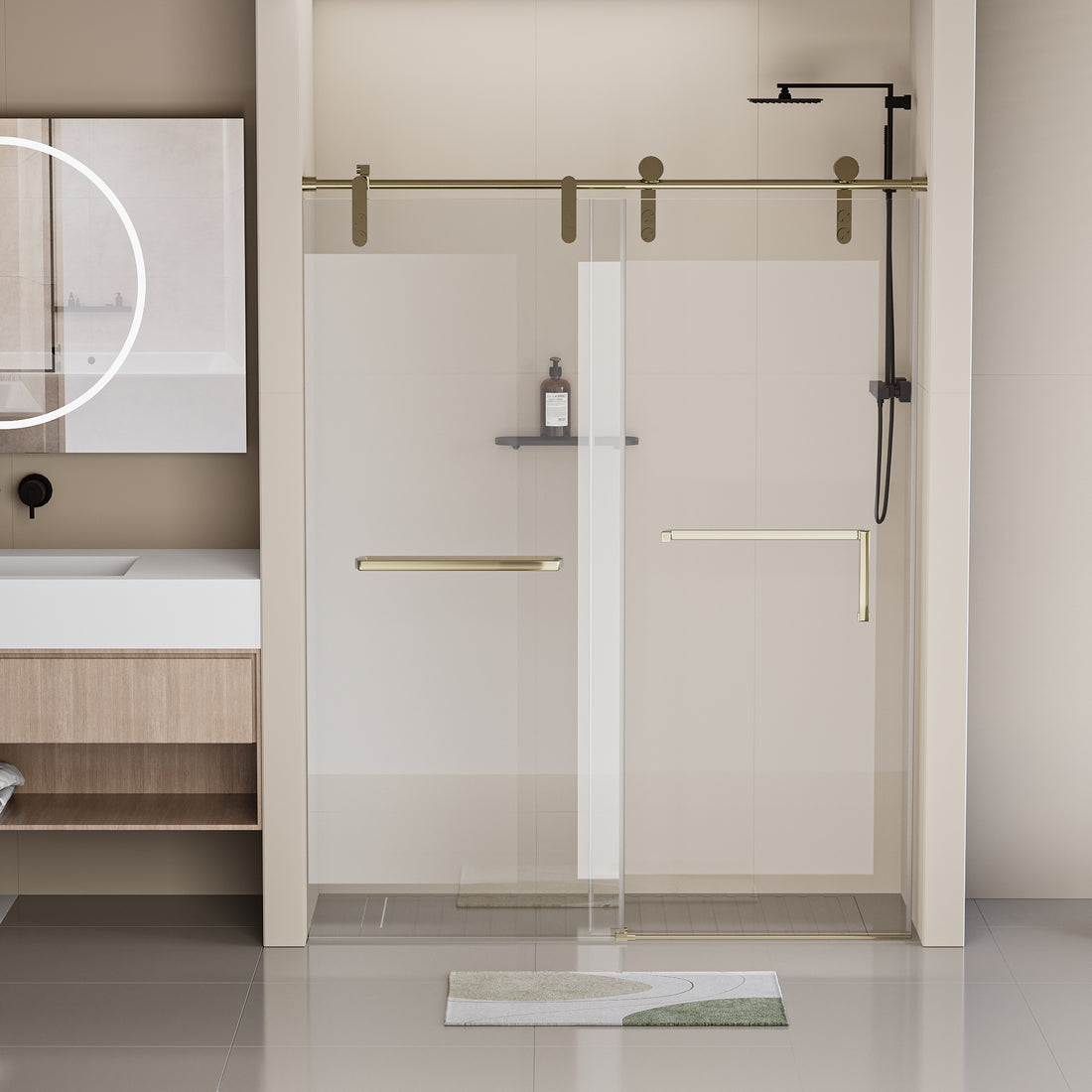 56 60 In. W X 76 In. H Frameless Shower Door, Single Sliding Shower Door, 5 16" 8Mm Clear Tempered Glass Shower Door With Explosion Proof Film, Stainless Steel Hardware, Gold 24D210 60G Combo Gold Tempered Glass