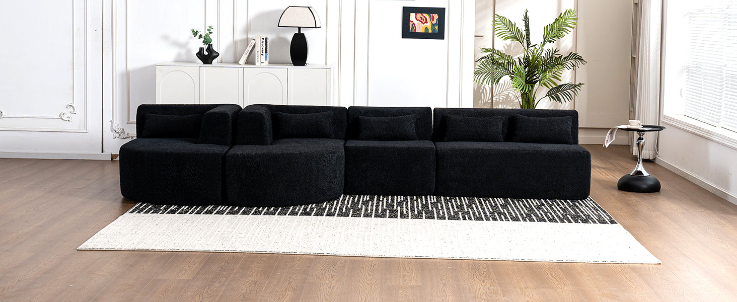 143.7" Upholstered Sofa Free Combined Sofa Couch With Two Chaise Lounge And Five Back Pillows For Living Room, Black Black Foam Polyester 5 Seat