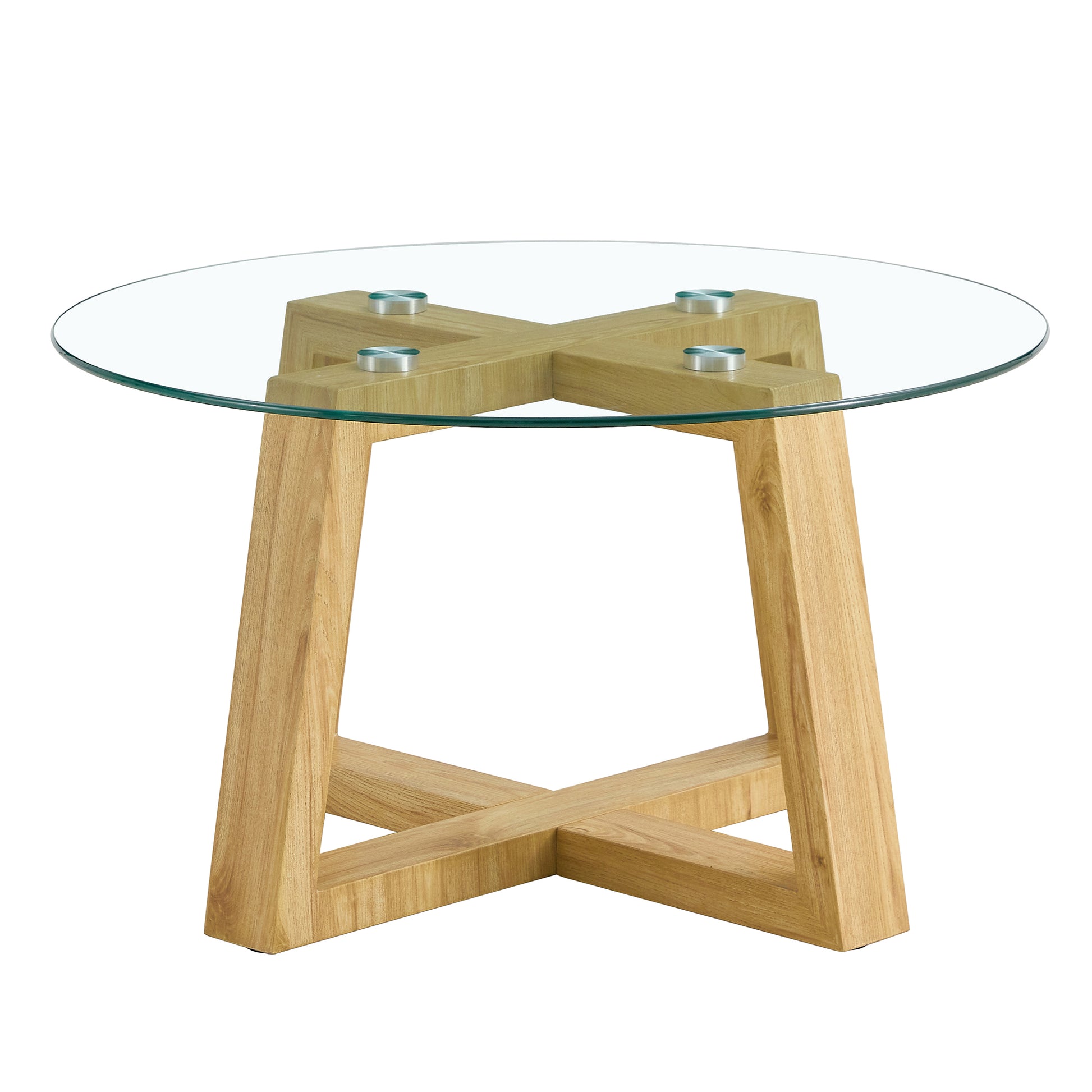 Modern Practical Circular Coffee Tables. Made Of Transparent Tempered Glass Tabletop And Wood Colored Mdf Material. Suitable For Living Rooms And Bedrooms.31.5"*31.5"*17.7" Transparent Glass