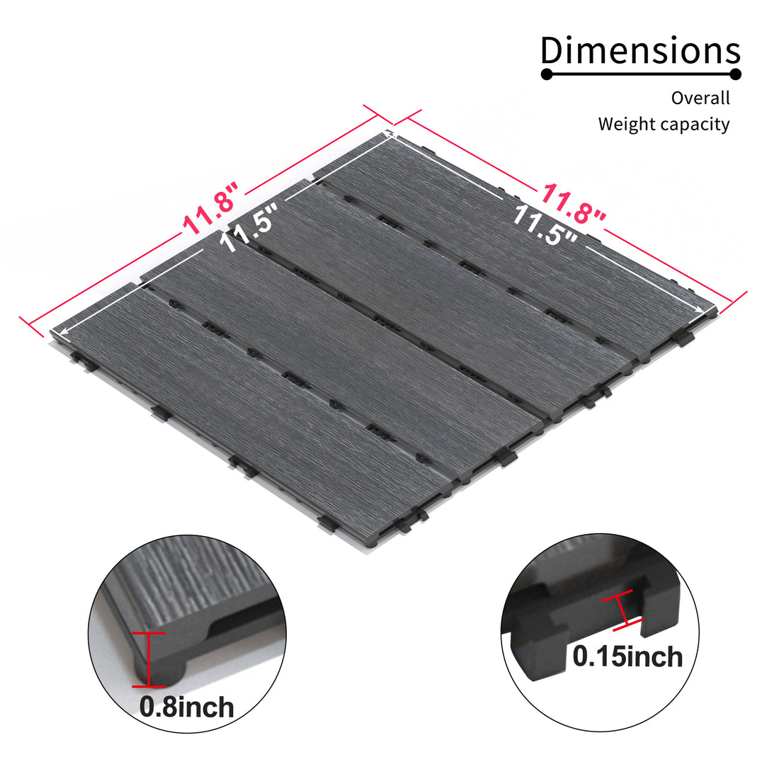 Patio Floor Tiles Pack Of 22 Wpc Wood Plastic Composite Patio Deck Tiles Diy Interlocking Decking Tiles, Quick Deck Floor Tile, Court Tile, Water Resistant Indoor Outdoor 11.8" Ash Dark Gray Plastic