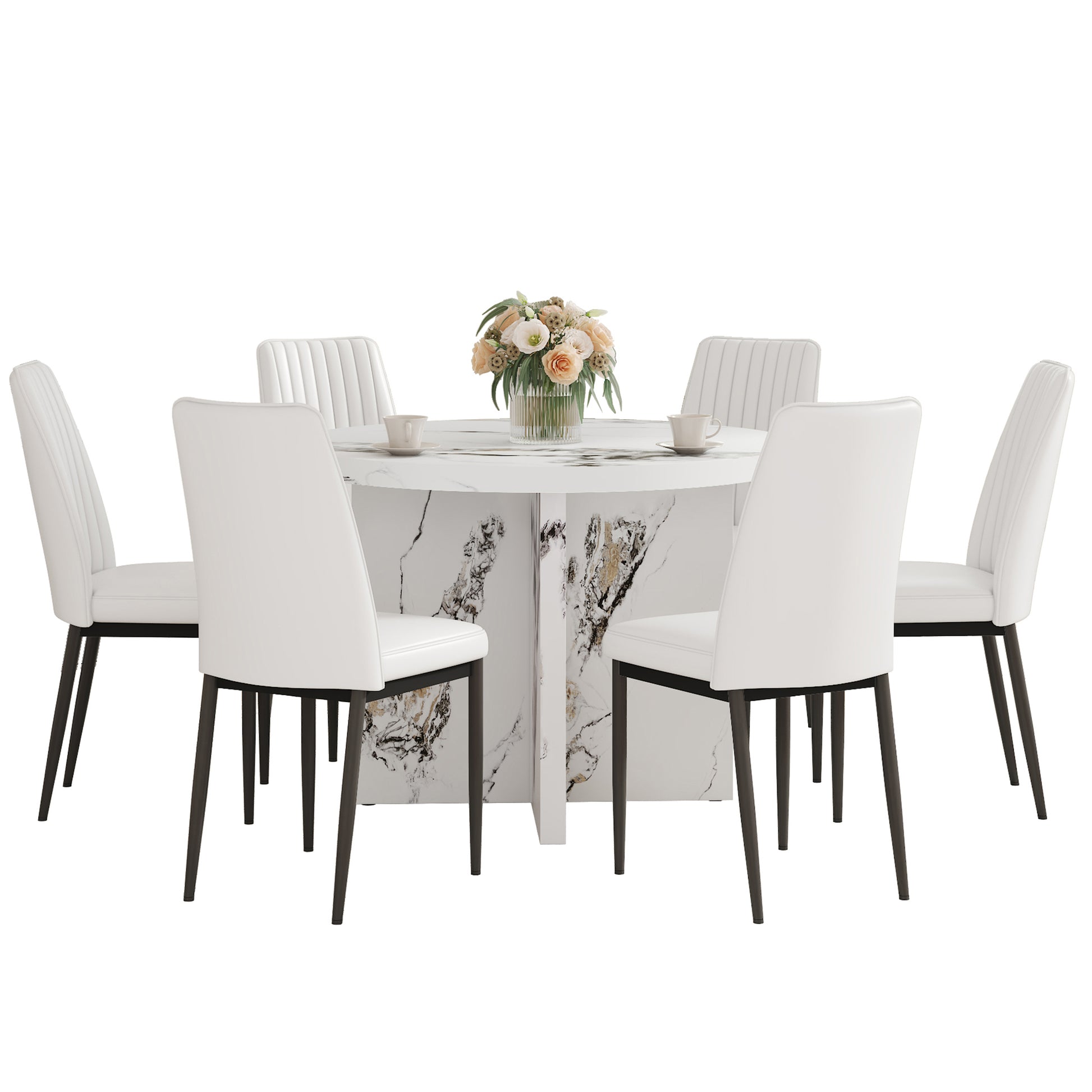 7 Piece Round Dining Table Set, 42 Inch Modern Round Table And 6 Upholstered Chairs For Dining Room, Kitchen Room, Living Room, Easy Assembly Metal White 42 Inches Modern Pedestal Round Mdf Mdf