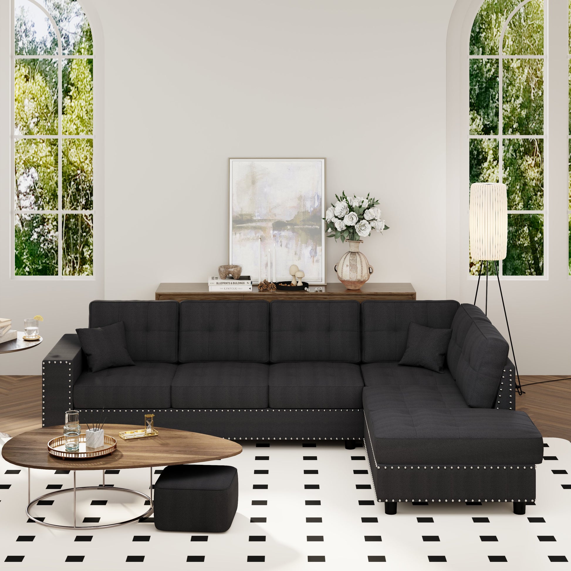 109.2''L Shaped Modular Sectional Sofa With Removable Back Cushions And 2 Pillows, Suitable For Living Rooms, Offices, And Apartments Dark Gray Polyester 5 Seat