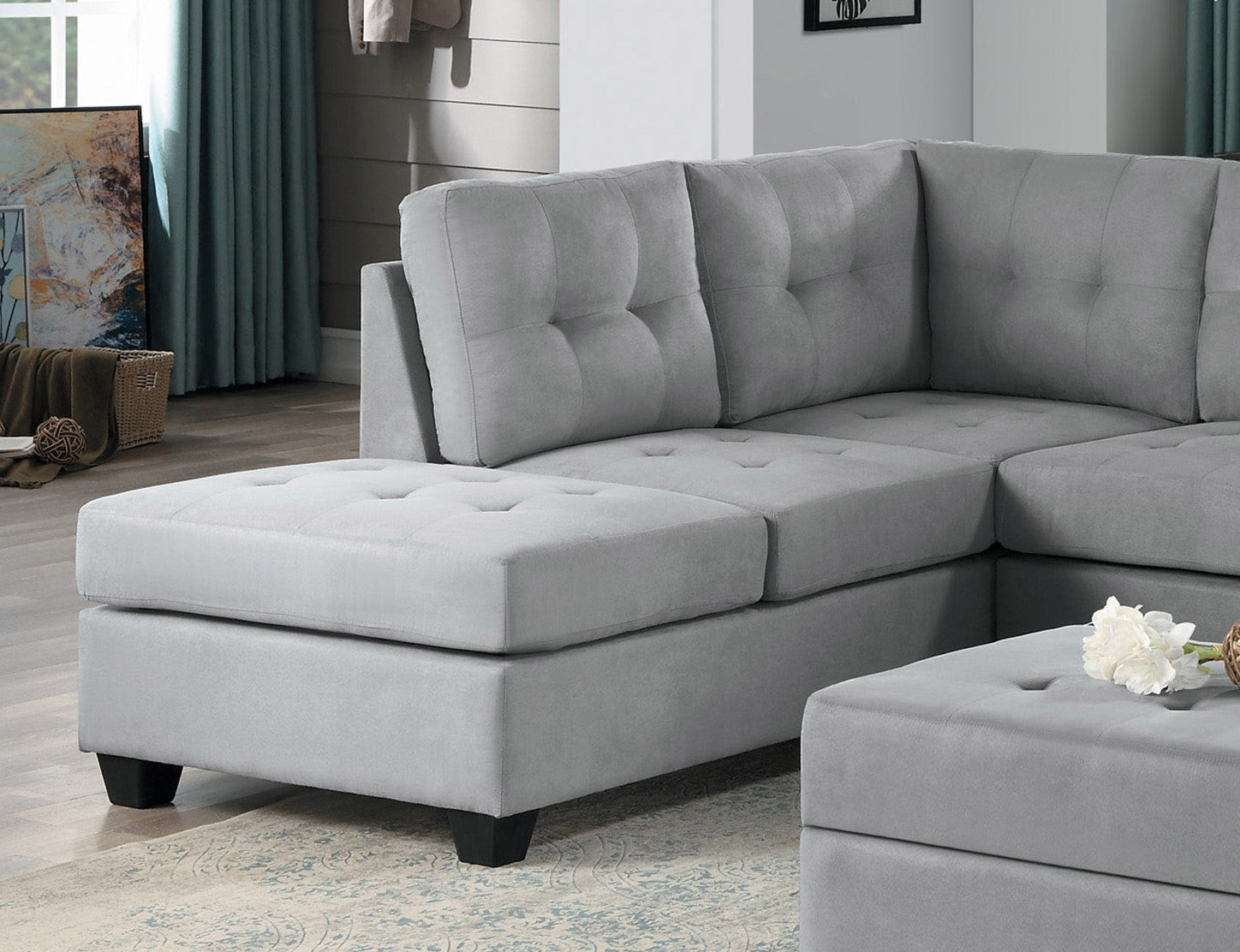 Modern Living Room 3 Piece Reversible Sectional With Drop Down Cup Holders Sofa Chaise Ottoman Storage Gray Microfiber Upholstered Tufted Details Gray Microfiber Wood Primary Living Space Modern L Shaped Plywood,Solid Wood 6 Seat