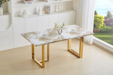 Luxurious Faux Marble Mdf Dinning Table For 6 Or 8, Rectangular 70.9"L*35.4"W*29.8"H, Thick And Solid Stainless Steel Legs, Durable Sturdy, Easy To Assemble, For Kitchen Living Room Office, White White Gold Ergonomic Kitchen