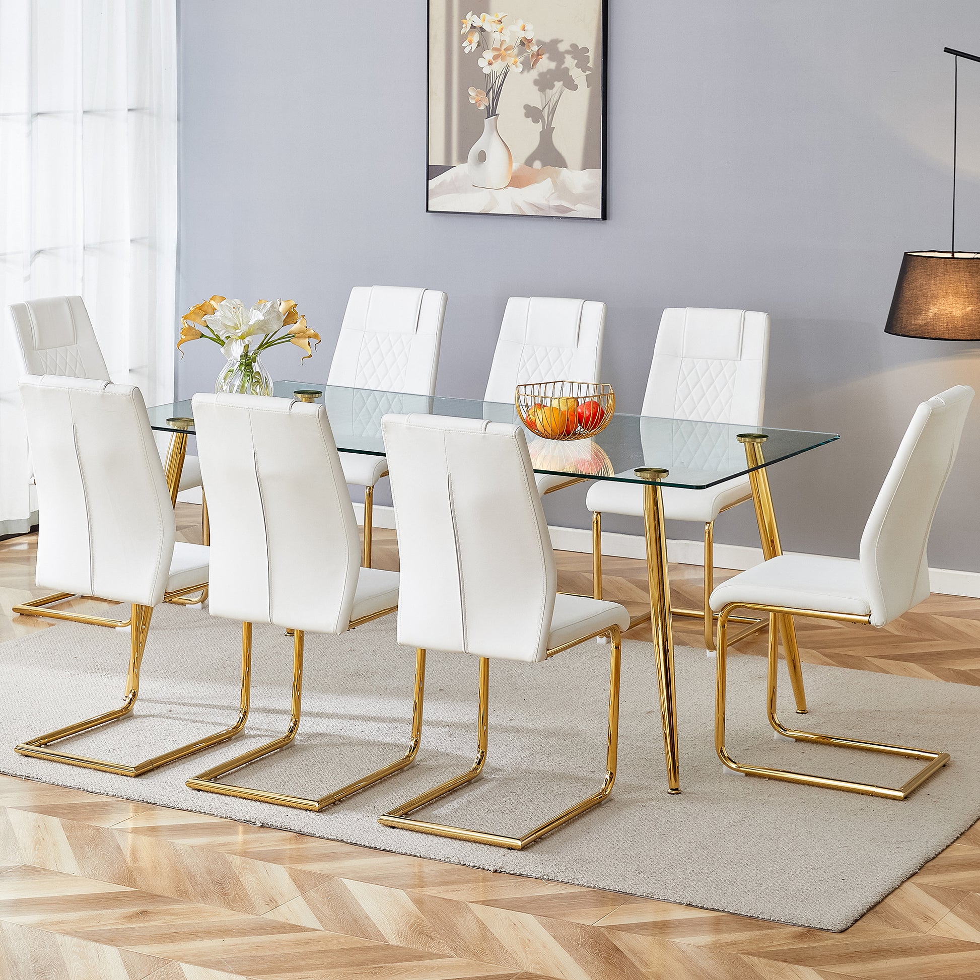 Table And Chair Set.Modern Rectangular Glass Dining Table With A Tempered Glass Tabletop And Metal Legs, Paired With Multiple Chairs Designed With Pu Cushions And Golden Metal Legs. White Gold Seats 8 Tempered Glass